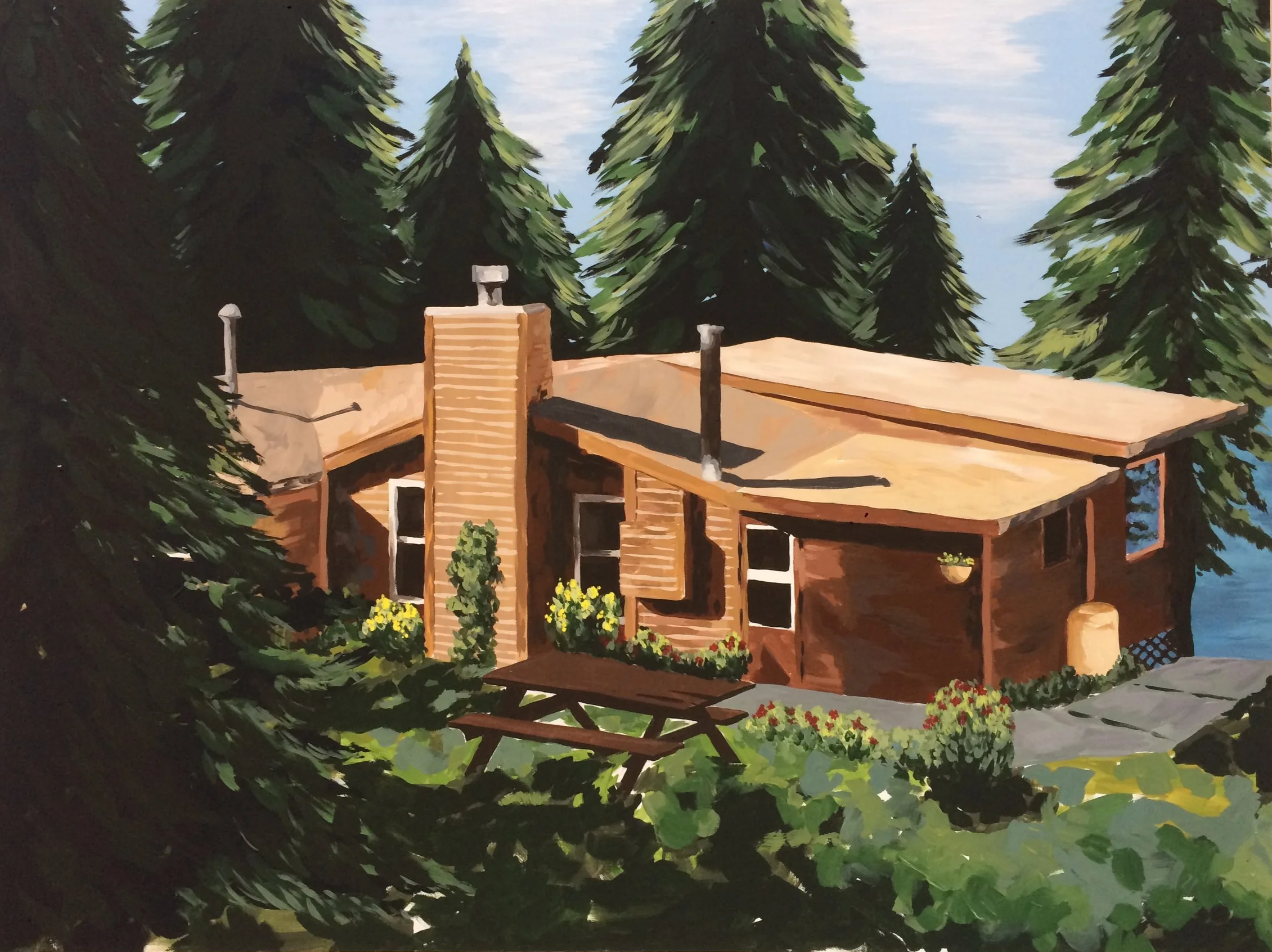 A charming, whimsical landscape painting of a cottage in the forest beside a calm Manitoba lake, illustrated with nostalgic tones and playful brushwork. The owners favorite place in the world.