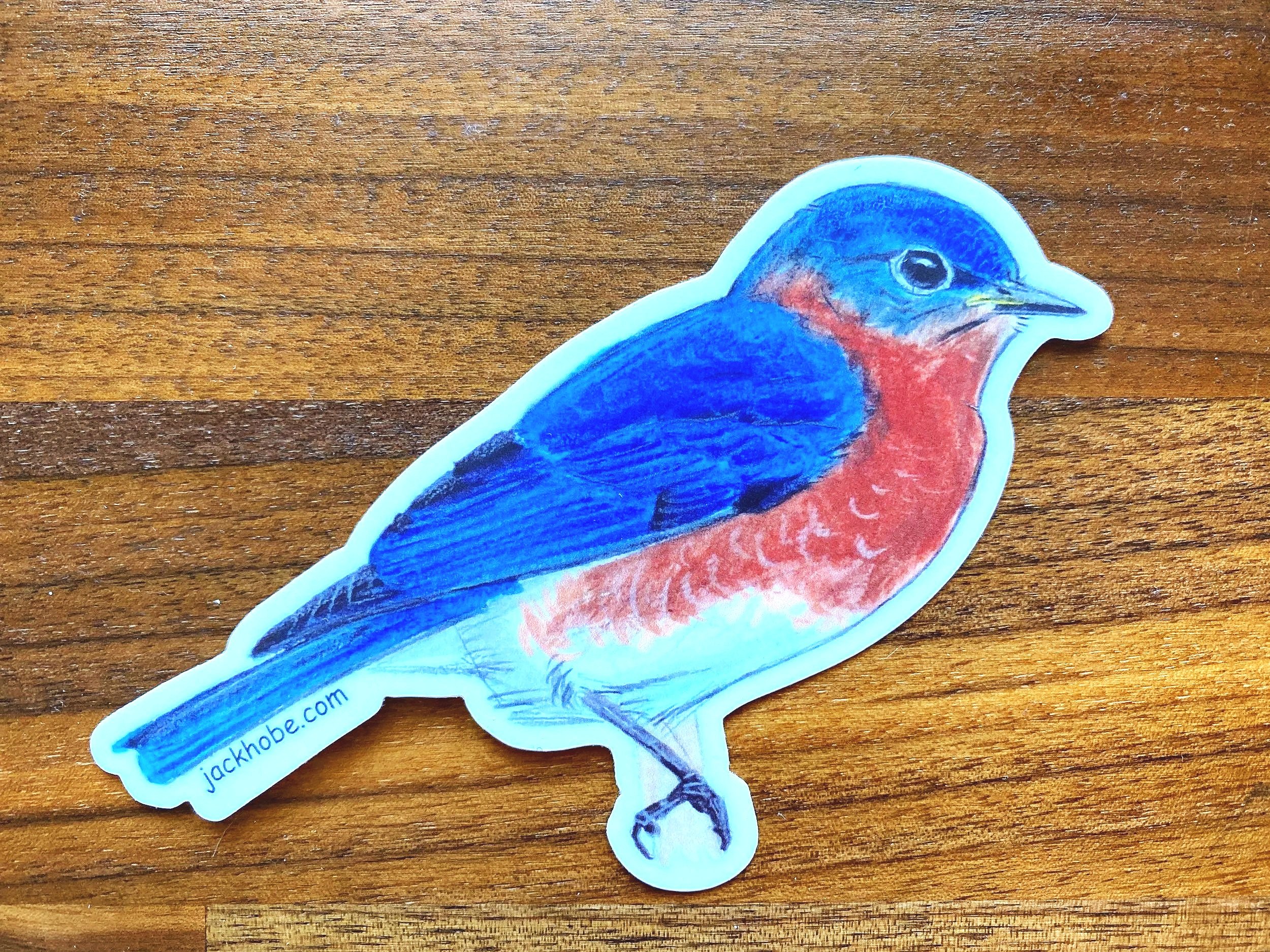 Sticker of a bluebird with blue, red, and white feathers on a wooden surface.