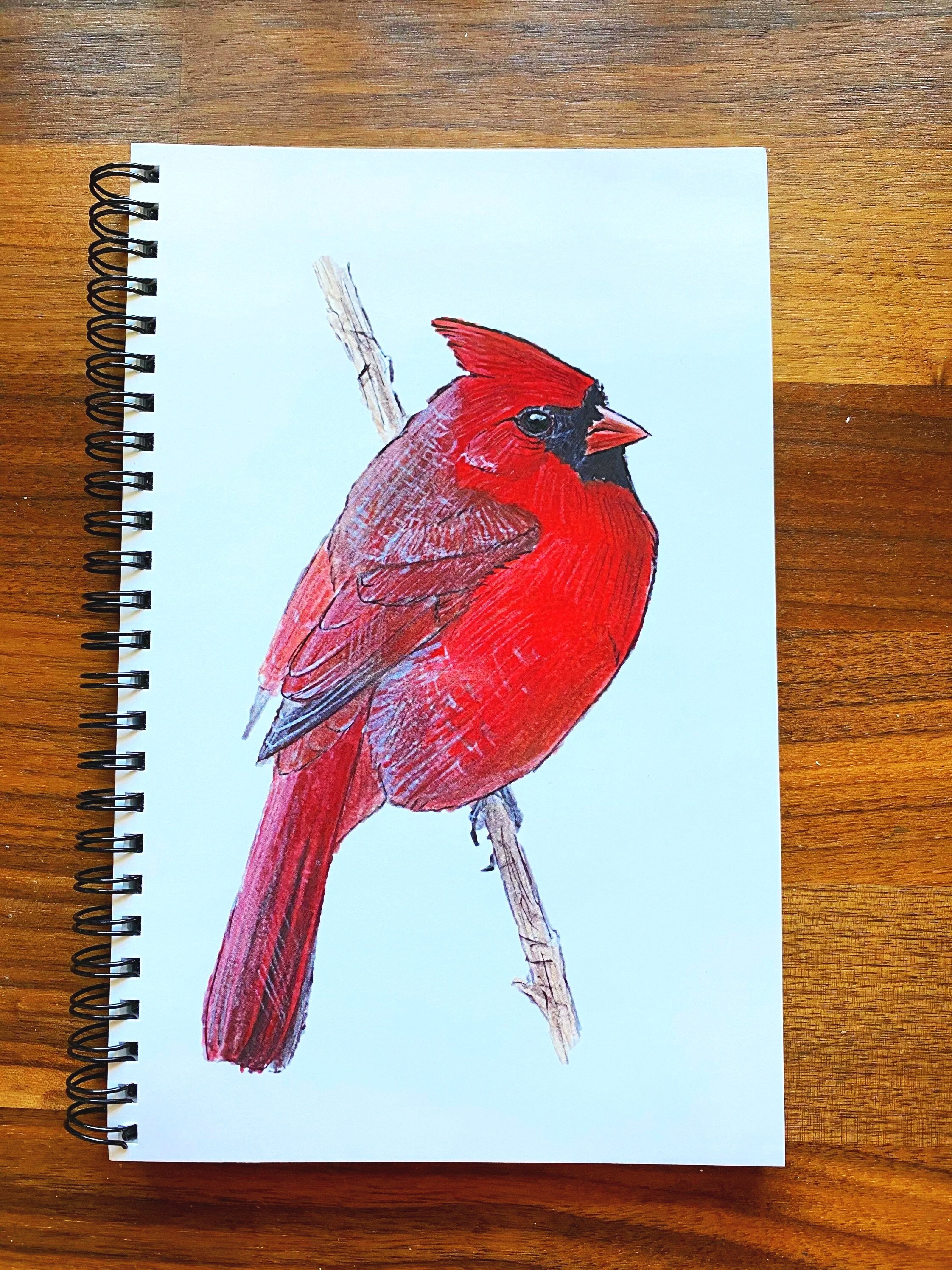 Notebook featuring a drawing of a red cardinal bird perched on a small branch.