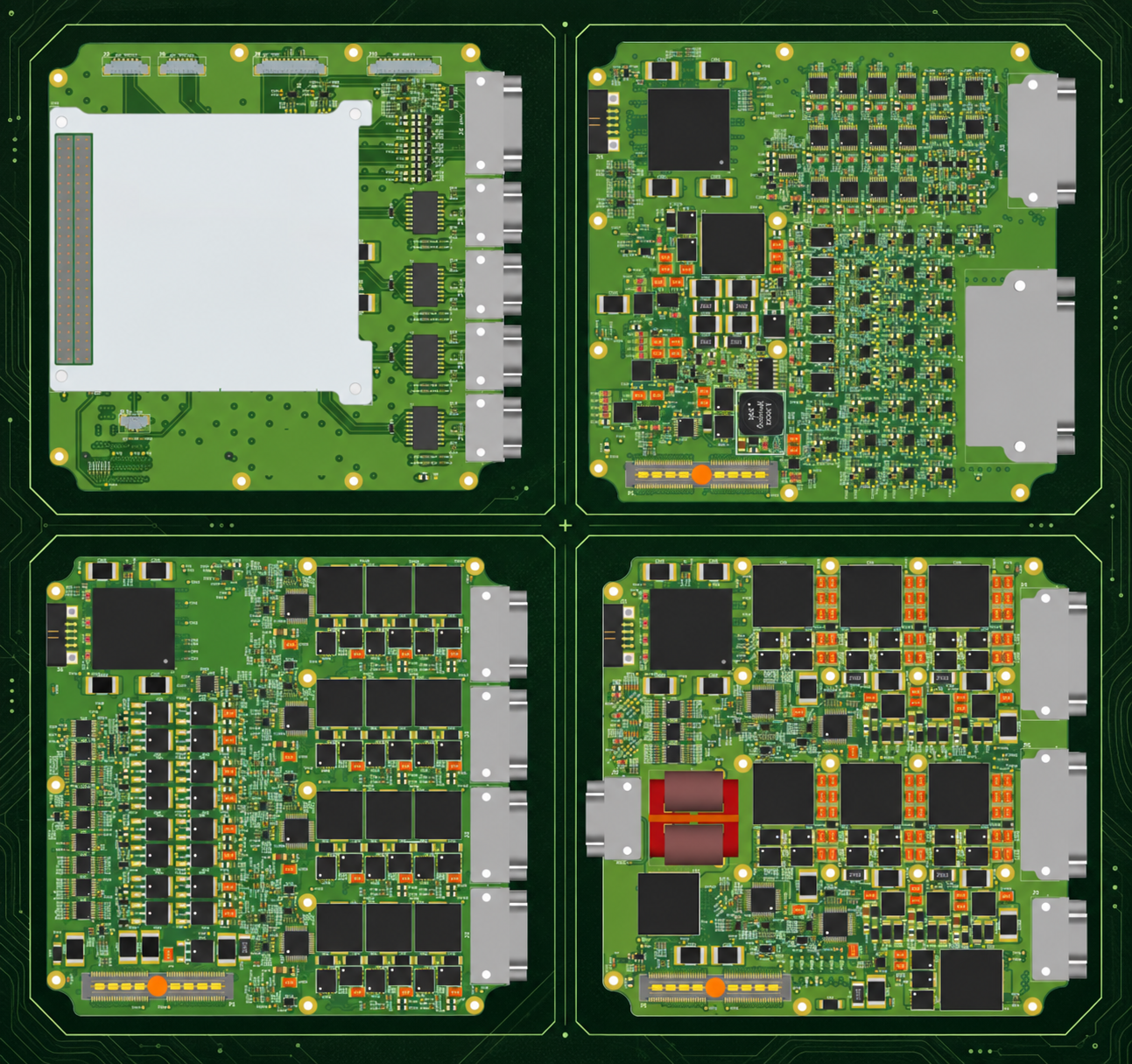 Four interconnected circuit board assemblies developed for lunar payload prototype hardware.