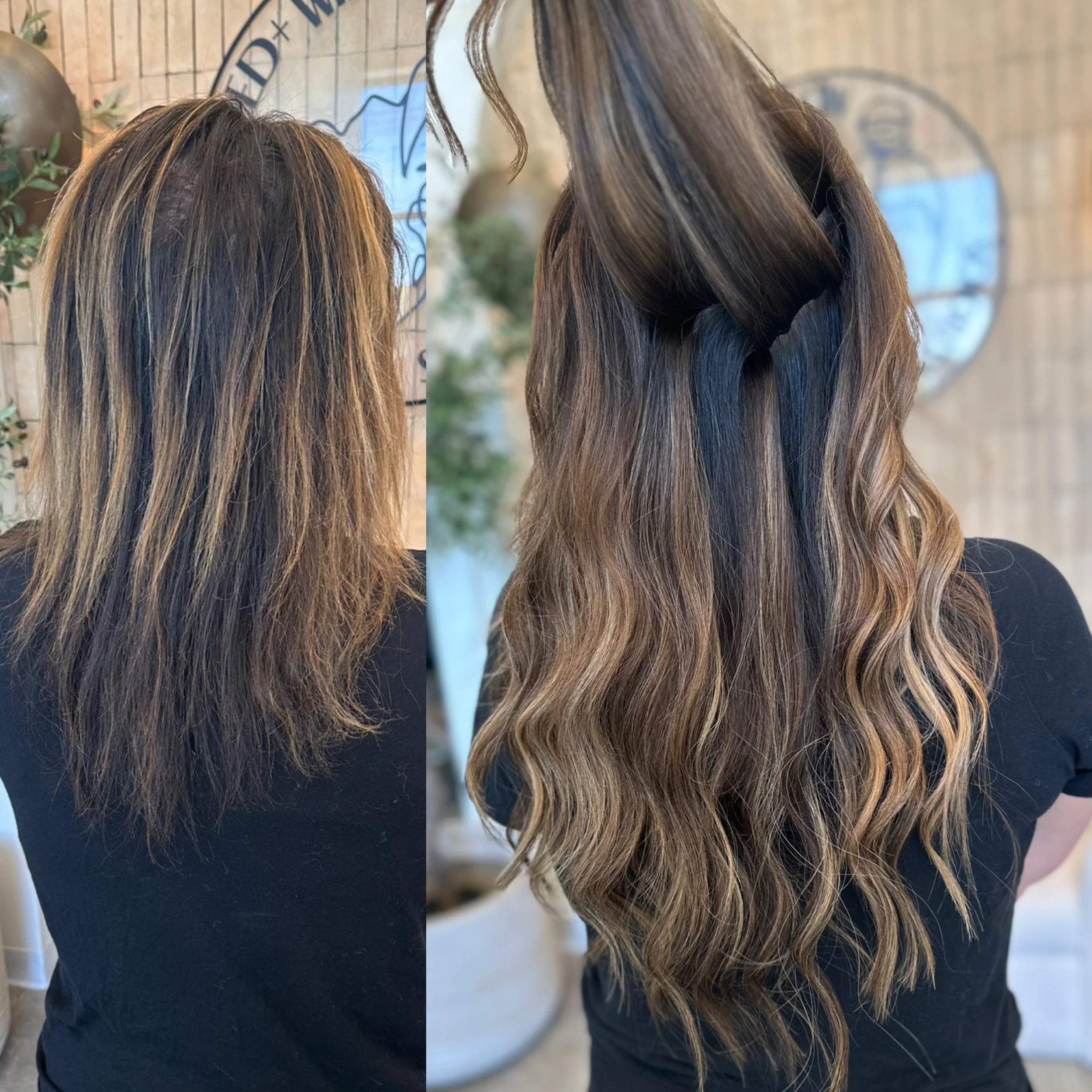 Side-by-side comparison of a woman's hair before and after a hair transformation. The before image shows shoulder-length, slightly wavy hair with dark blonde and light brown highlights. The after image displays long, wavy hair with darker roots and b