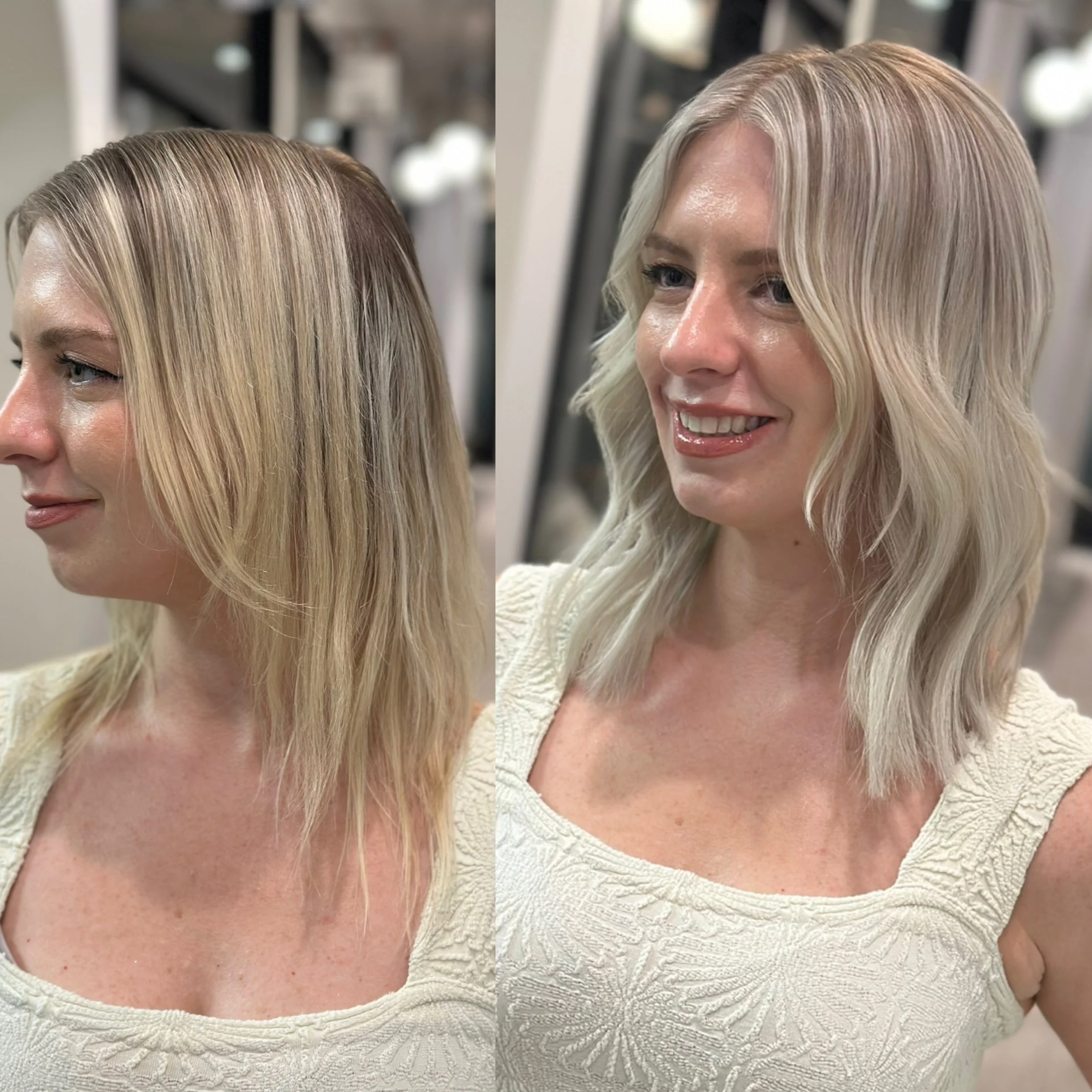 Side and front view of a woman with blonde wavy hair, smiling in a salon setting.