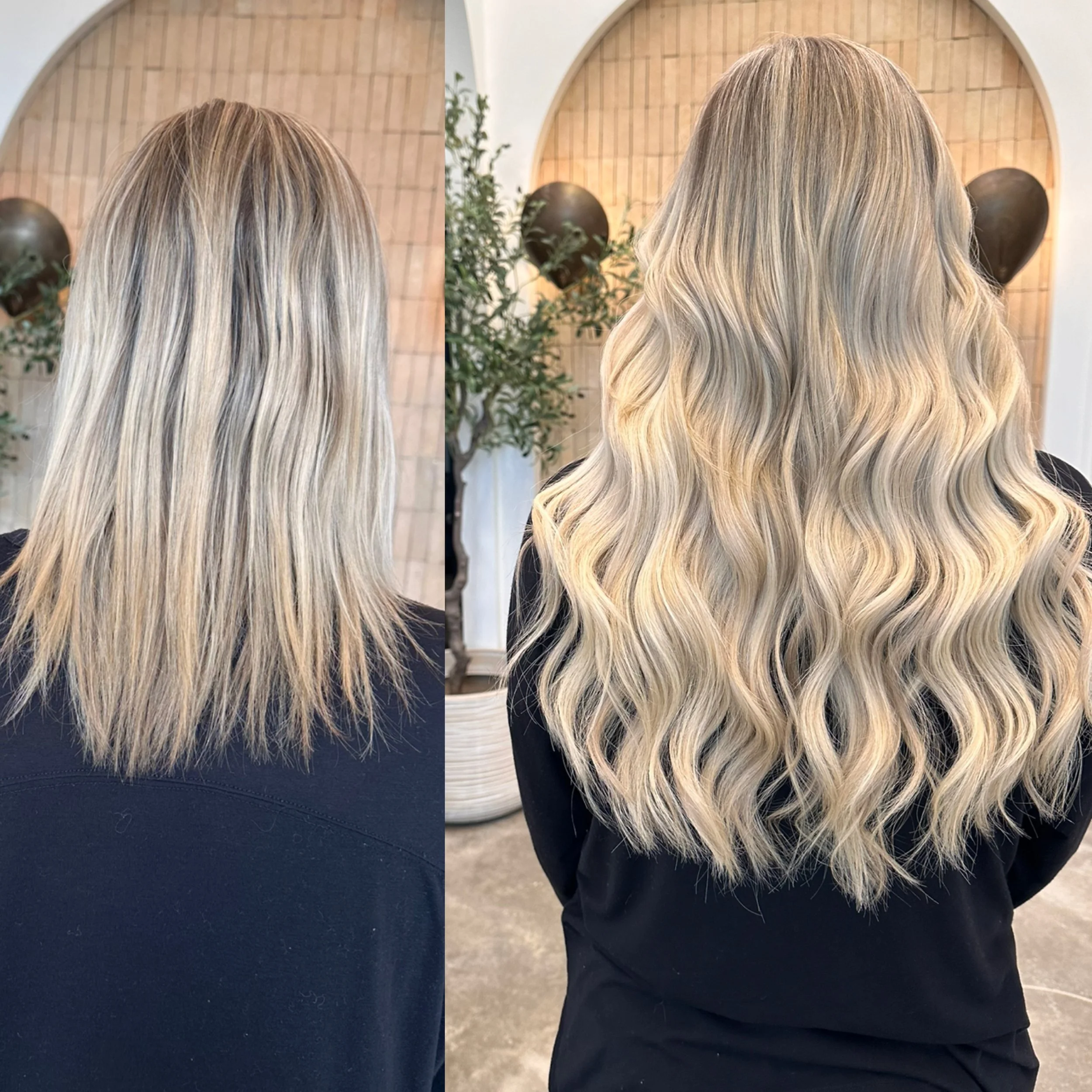 Before and after images of a woman showing a hair transformation from shoulder-length, slightly wavy blonde hair to long, voluminous, deep wave blonde hairstyle.