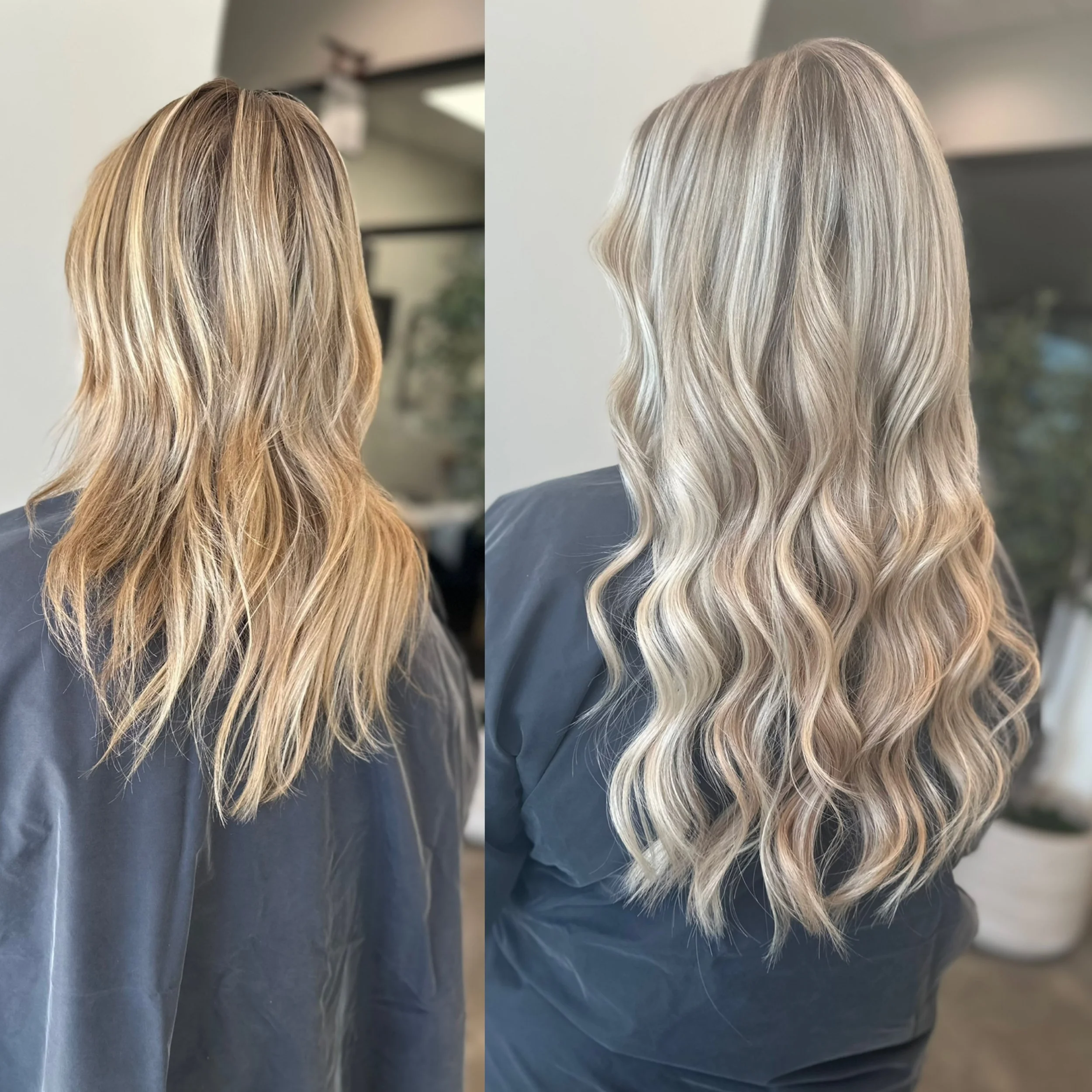 Side-by-side comparison of a woman's hair before and after hair coloring and styling. The left shows medium-length, wavy, blonde hair with darker roots, while the right displays long, platinum blonde, wavy hair with a smooth and glossy finish.