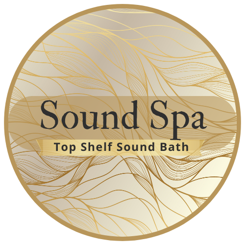 Sound Spa Top Shelf Sound Bath with gold decorative feather-like design on a beige background.