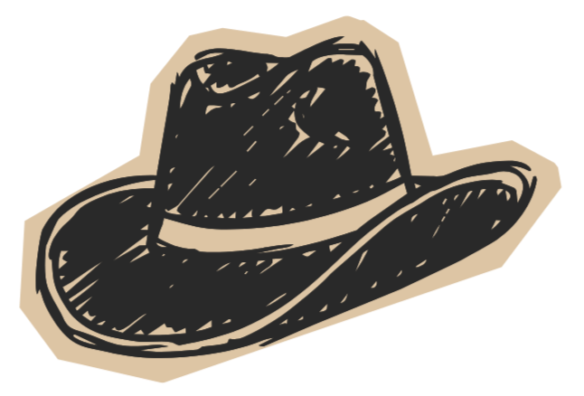 Sketch of a cowboy hat with a wide brim and creased crown.