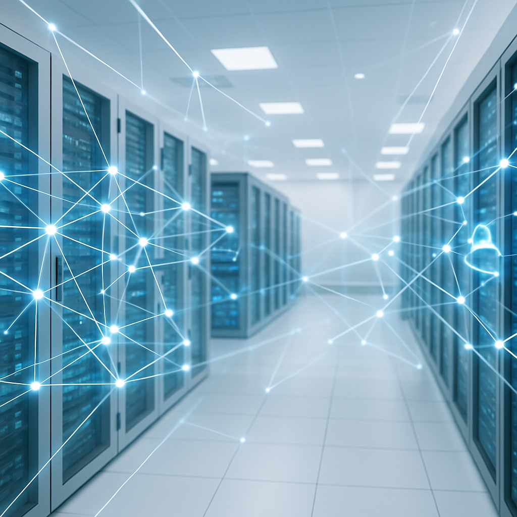 Datenzentrum mit Serverschränken und Cloud-Netzwerkverbindung