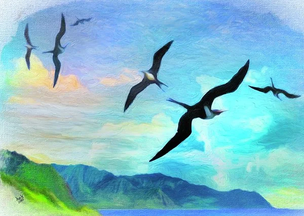 Painting of birds flying over a coastal landscape with mountains and a vibrant sky.