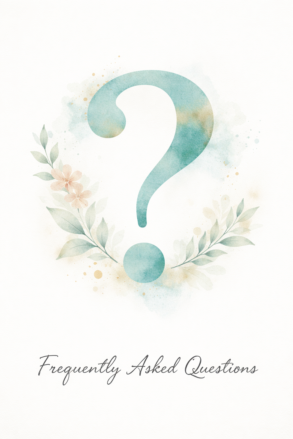 A pastel-colored watercolor illustration of a large question mark surrounded by floral accents, with the words "Frequently Asked Questions" written in cursive at the bottom.