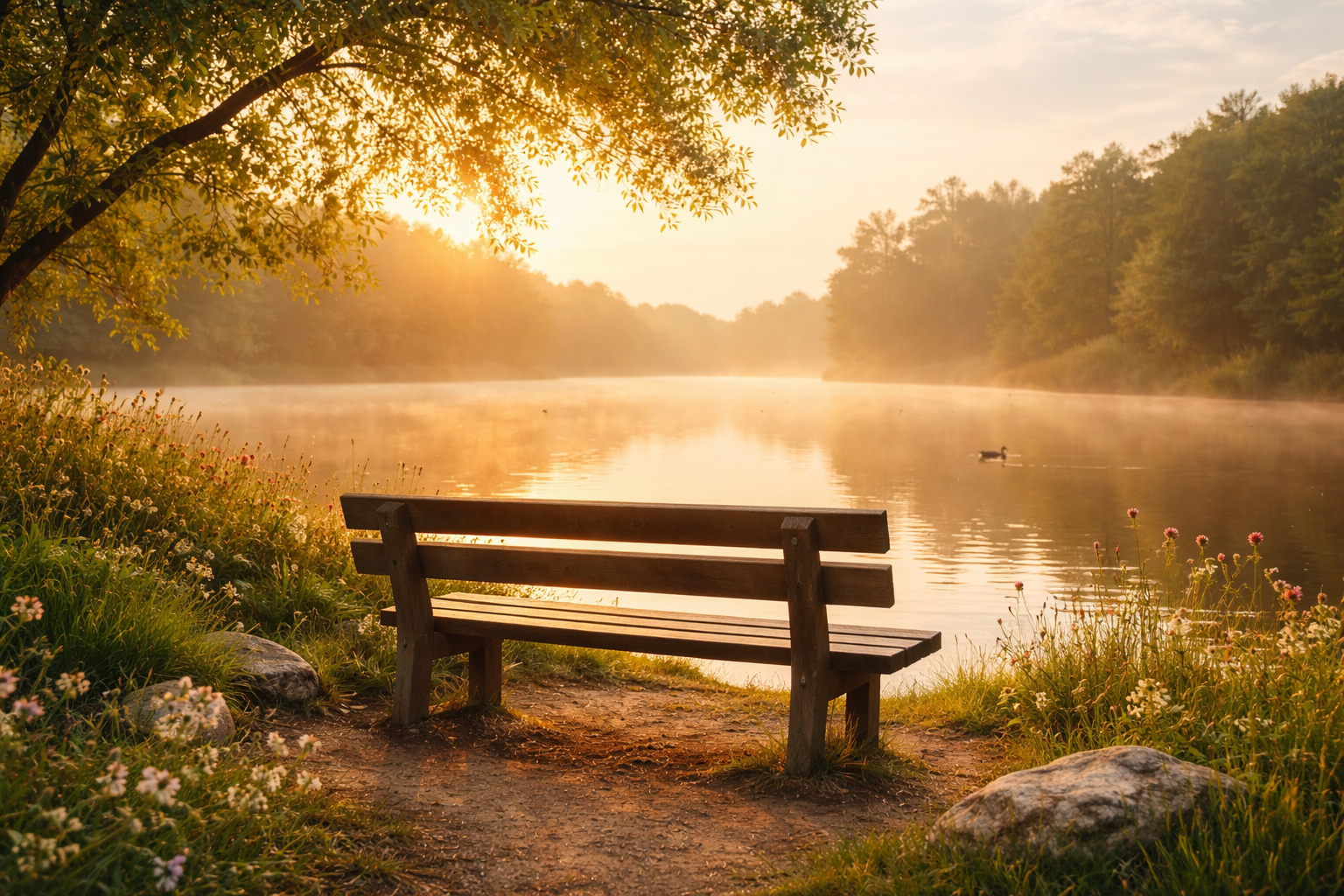 A wooden bench on a dirt path by a river, with trees and wildflowers on the riverbank, and a duck swimming in the river during sunrise.