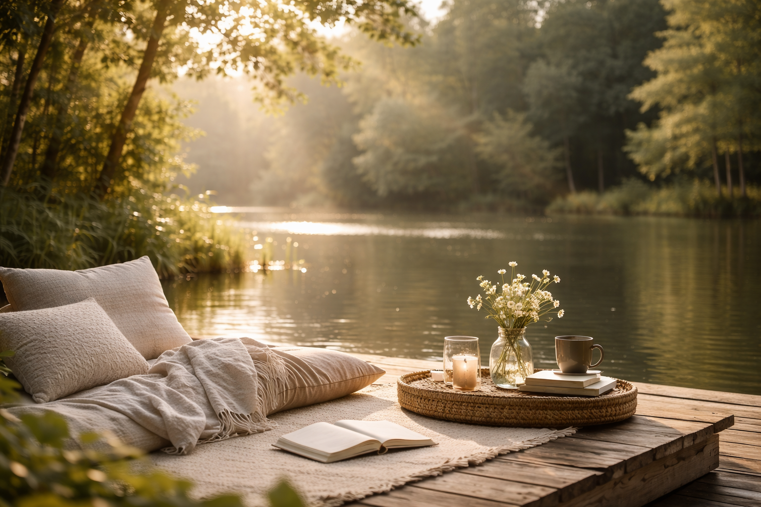 A cozy outdoor seating area on a wooden dock by a river, with pillows, a blanket, a book, a vase of daisies, candles, a cup, and books.