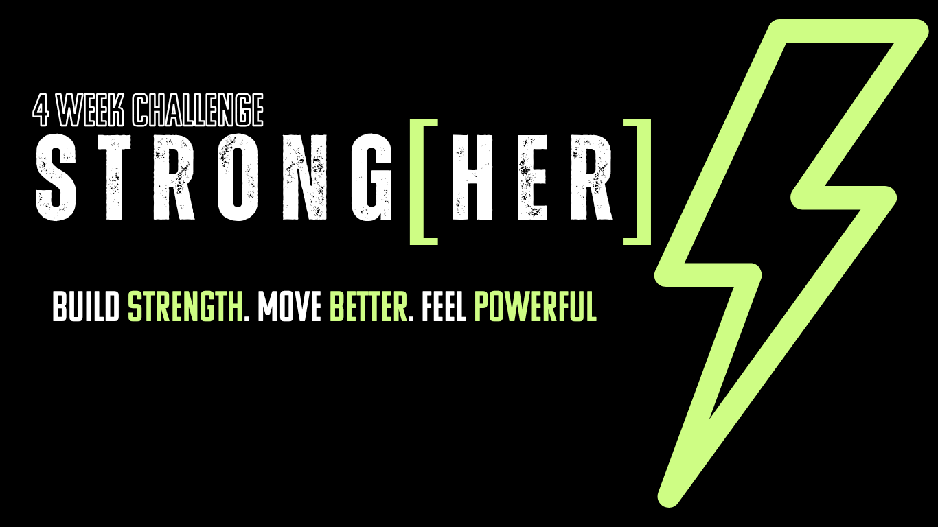 Text for 4-week challenge titled  "Stronger" with a lightning bolt graphic, black background, white and neon green text reading "Build strength. Move better. Feel powerful."