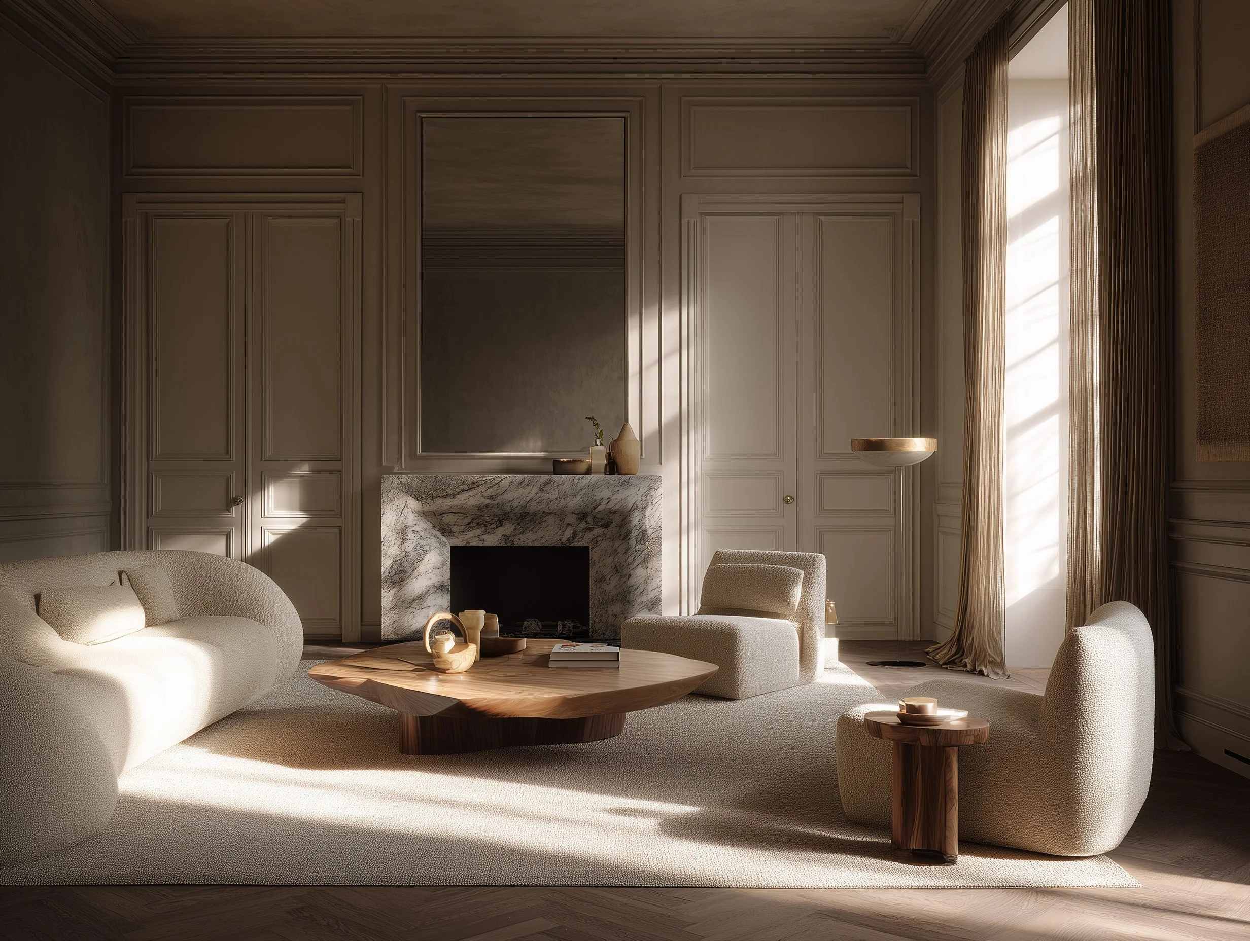 Premium Squarespace Template for Interior Designers. Elegant living room with cream-colored furniture, a round wooden coffee table, a marble fireplace, and natural light streaming through curtains.