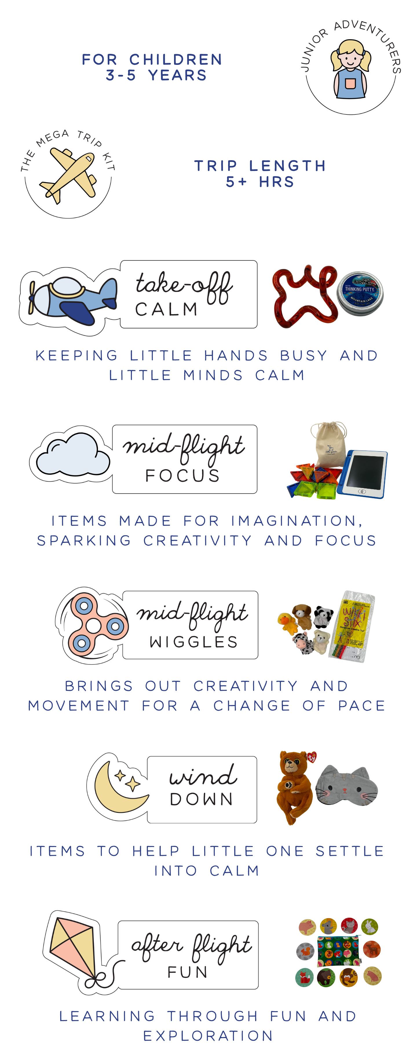 This mega trip kit for junior adventurers includes the following exploration envelopes: take-off calm, mid-flight focus, mid-flight wiggles, wind down, and after flight fun.