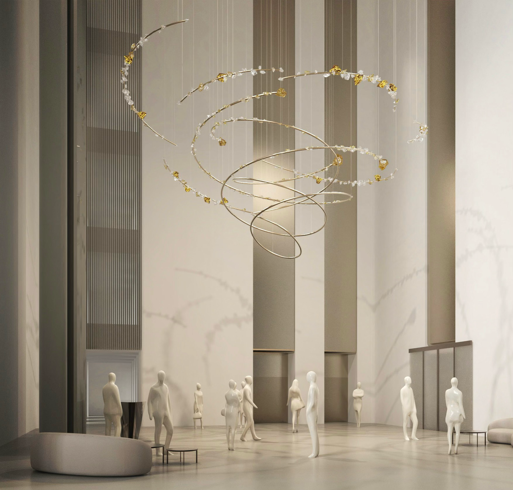 Modern interior space with tall white walls, minimalistic furniture, and a large artistic spiral chandelier hanging from the ceiling.