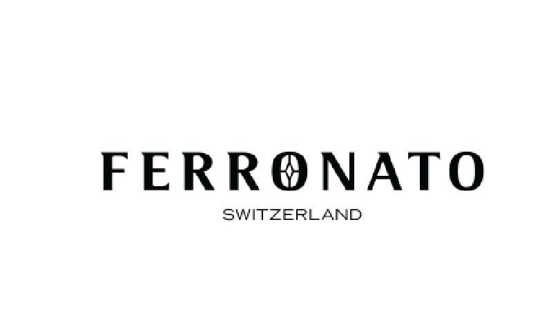 Ferronato Switzerland logo with text and a stylized wheel in the letter O.