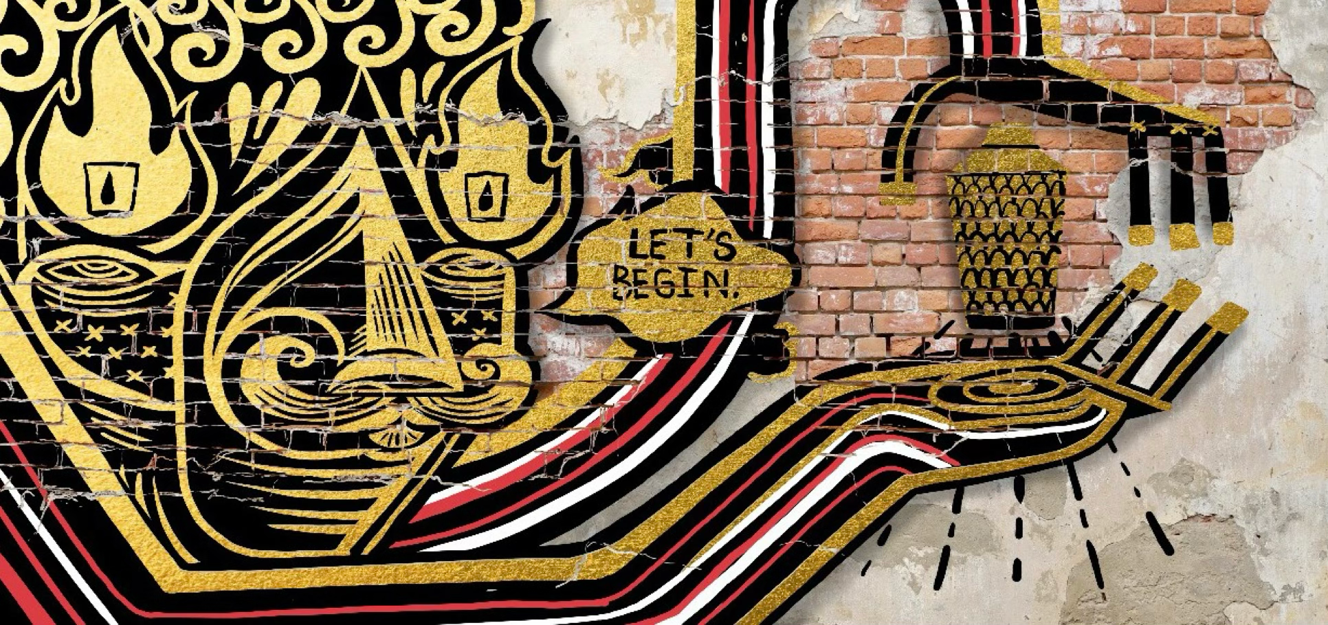 Street art mural featuring a hand holding a tray with a coffee cup and a speech bubble saying 'Let's Begin!' with black, gold, red, and white colors on a brick wall.