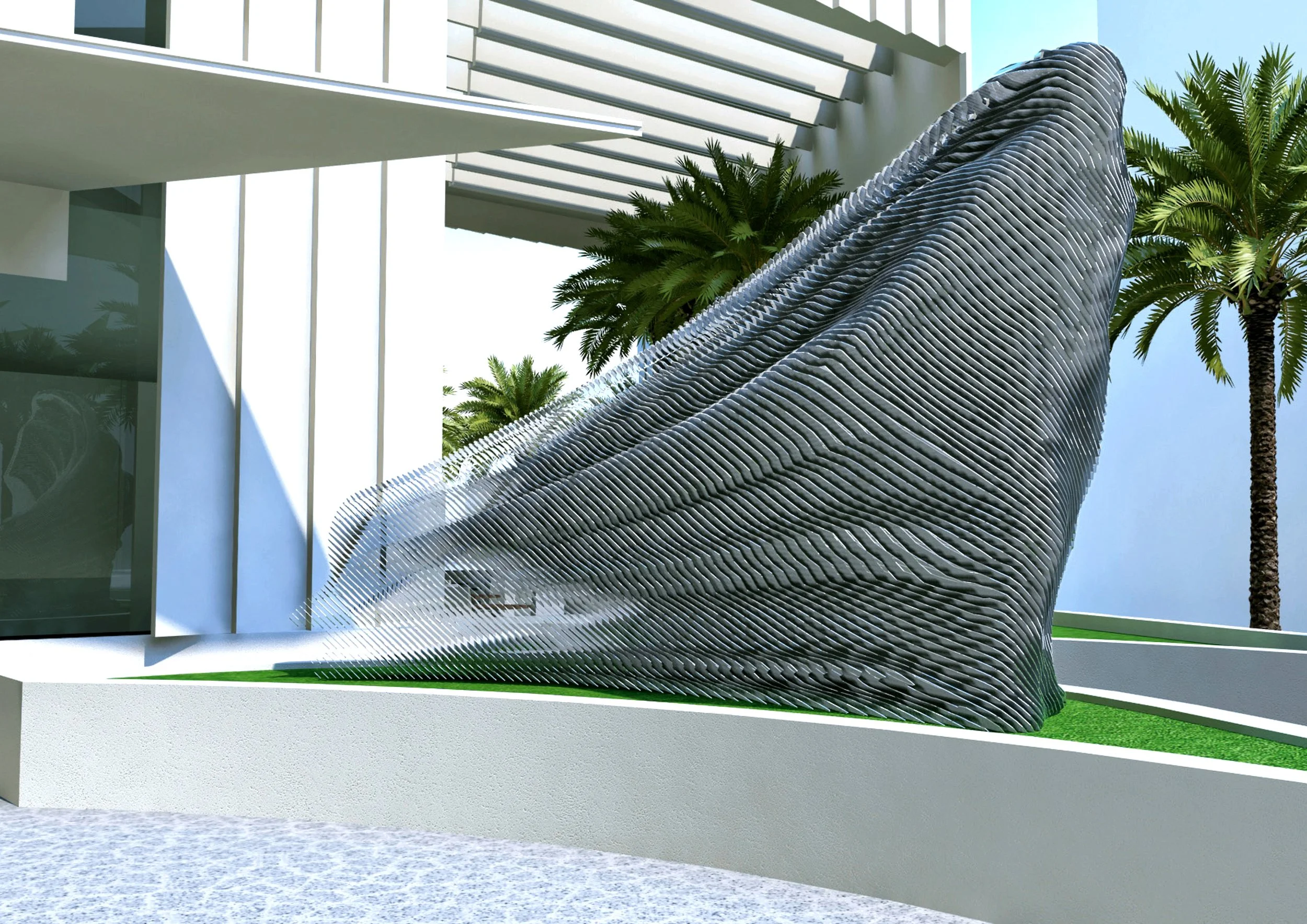 A modern architectural structure with a wave-like metallic facade, surrounded by palm trees on a clear day.