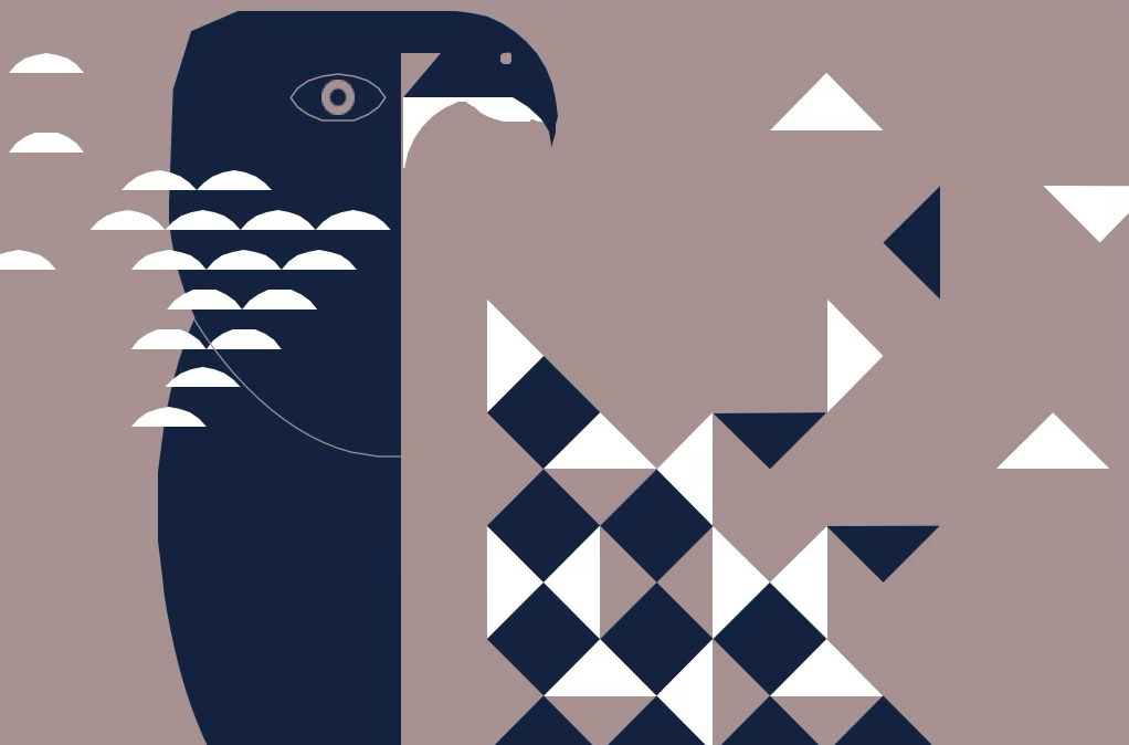 Abstract geometric illustration of a large eagle's head on the left, with stylized feathers and a beak, against a taupe background featuring scattered white and dark triangles.