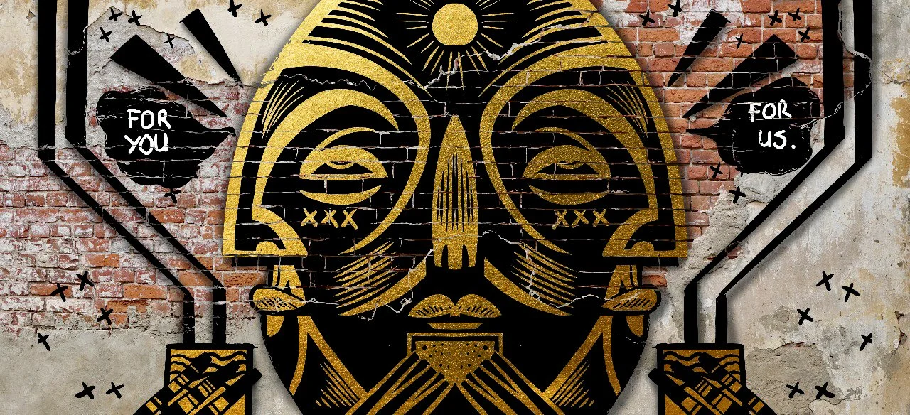 Street art graffiti featuring a stylized gold and black skull with closed eyes on a weathered brick wall. The skull is holding two black signs with white text that say "For You" on the left and "For Us" on the right. The design includes geometric pat