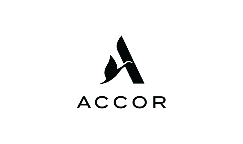 Black and white logo of the word 'ACCOR' beneath a stylized geometric 'A' with a bird silhouette integrated into the design.