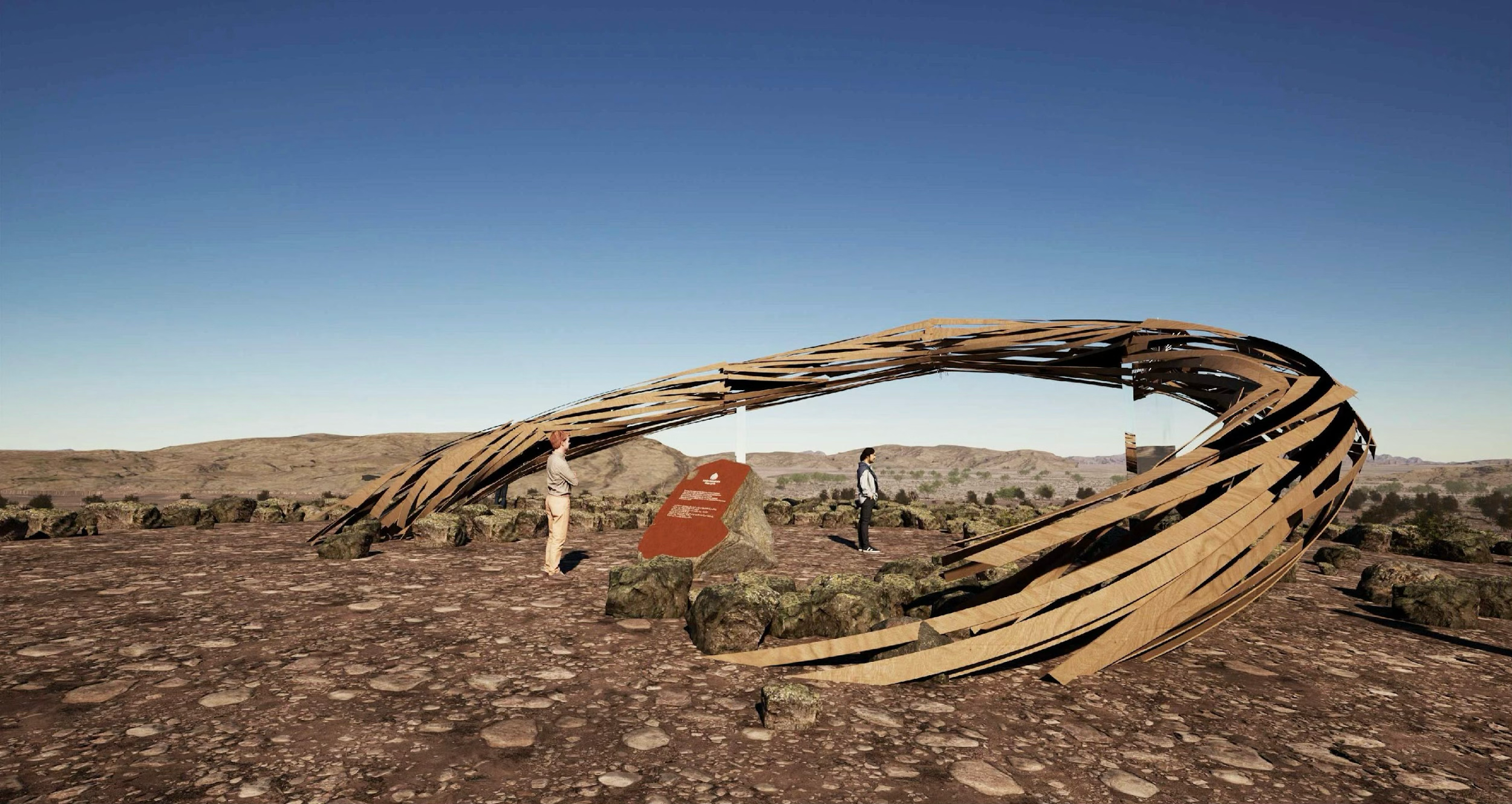 An outdoor sculpture made of overlapping wooden slats in an oval shape, with two people standing nearby on a rocky terrain under a clear blue sky.