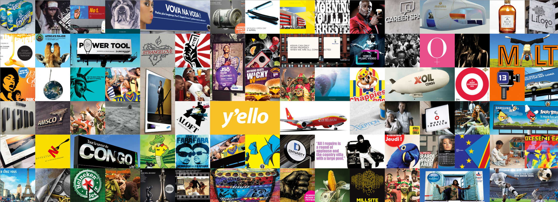 Collage of various advertisements, posters, and images including products, people, and promotional content.
