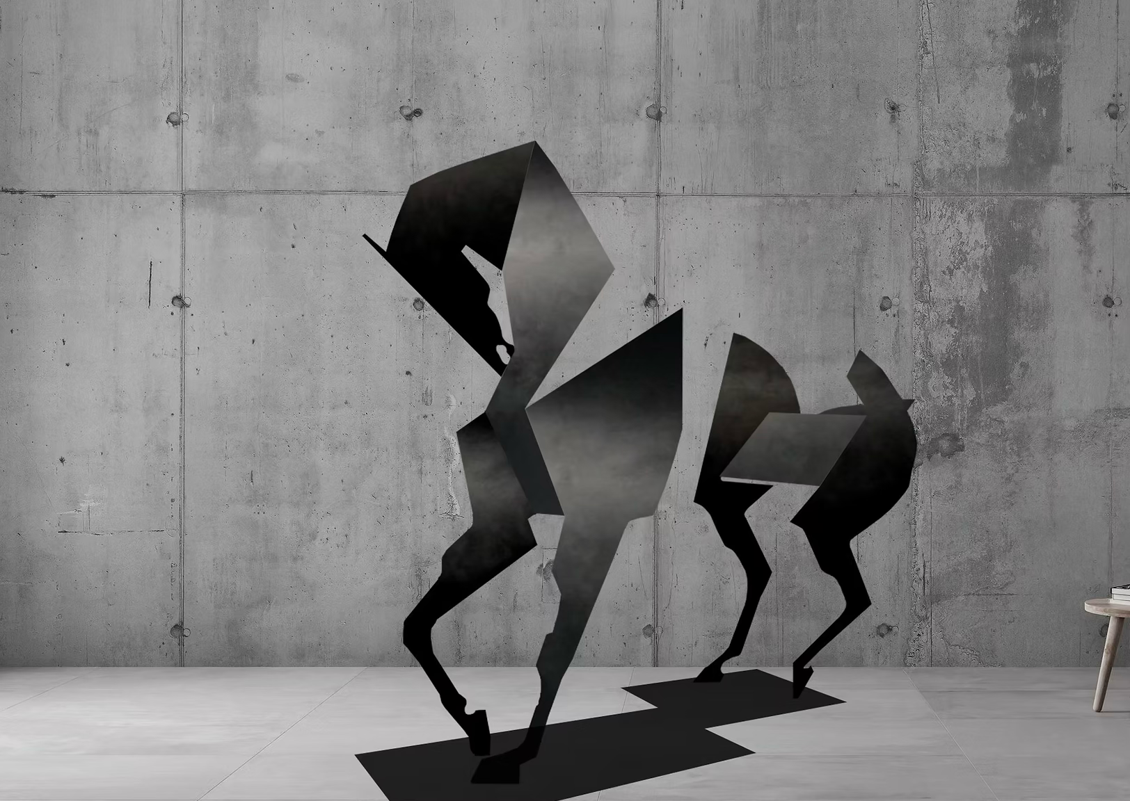 Modern black silhouette sculpture of a springing horse with abstract geometric shapes, placed against a concrete wall in an indoor gallery.
