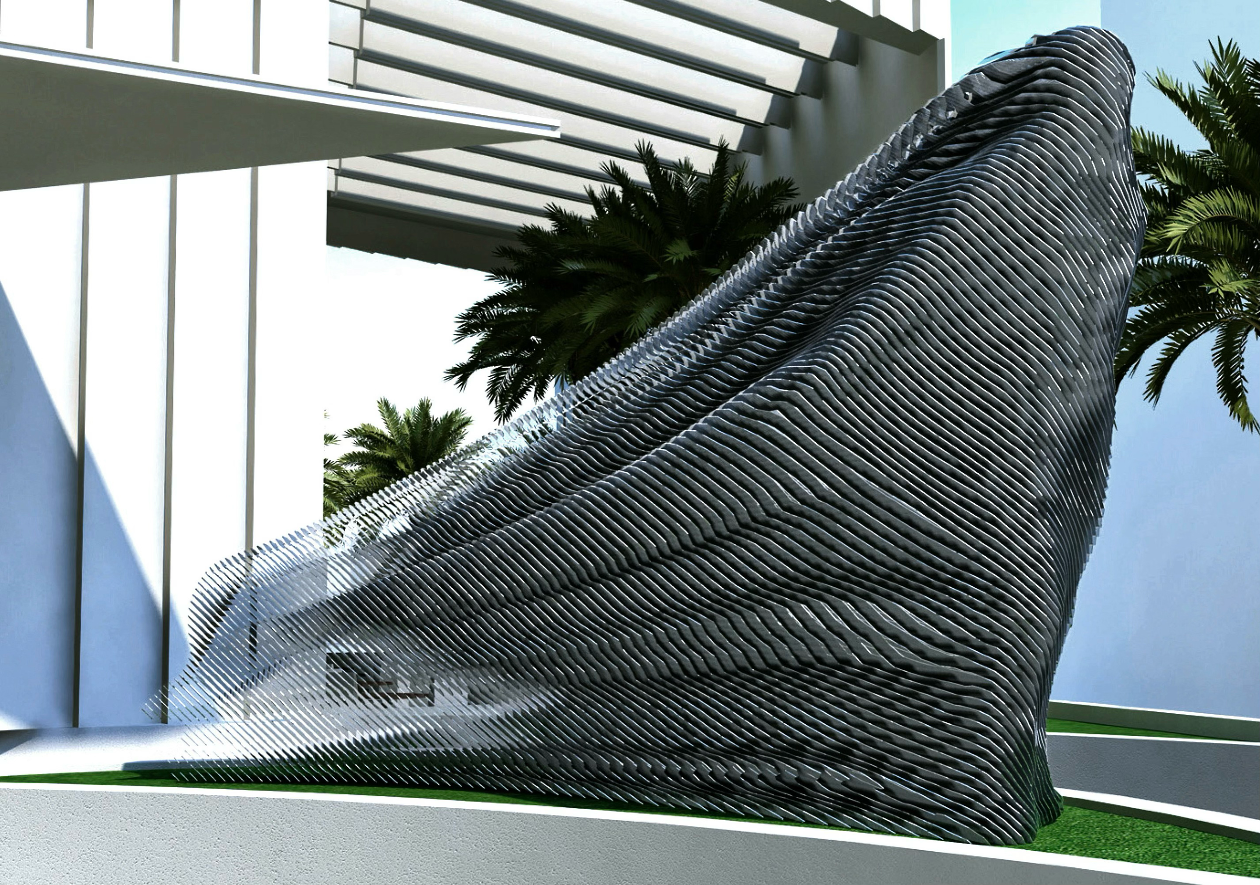 A modern architectural structure with a curved, layered metal facade, surrounded by palm trees and modern buildings, under a clear blue sky.