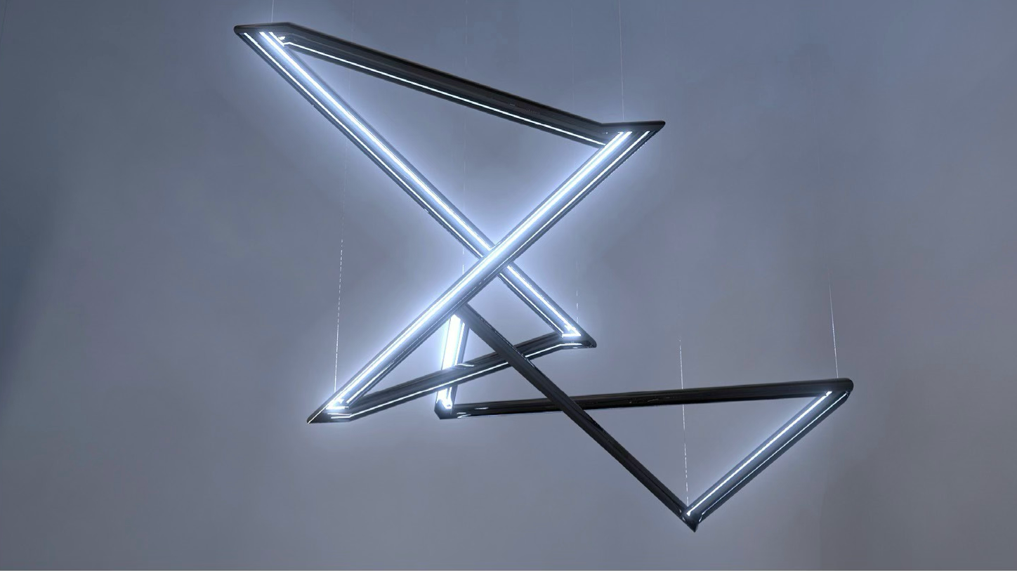Modern geometric chandelier with illuminated zigzag design, hanging from the ceiling against a gray background.