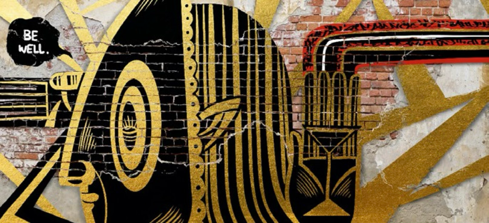 A mural on a brick wall with gold and black abstract designs, including a speech bubble that says 'BE WELL.'
