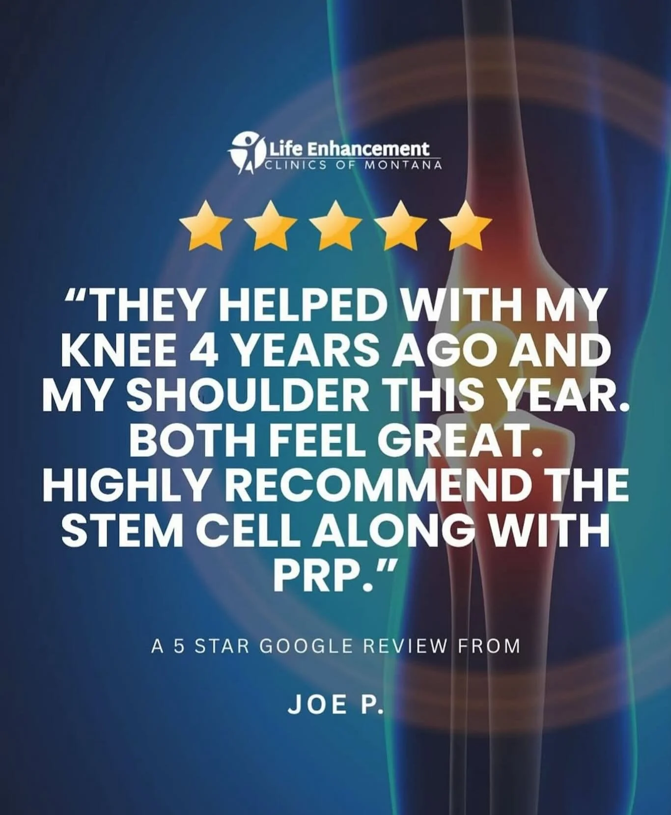 Another Success Story! 

Joe&rsquo;s journey with Life Enhancement Clinics of Montana speaks for itself:

✔️ Knee feeling great after 4 years
✔️ Shoulder feeling strong after recent treatment
✔️ Highly recommends stem cell therapy with PRP

If pain i