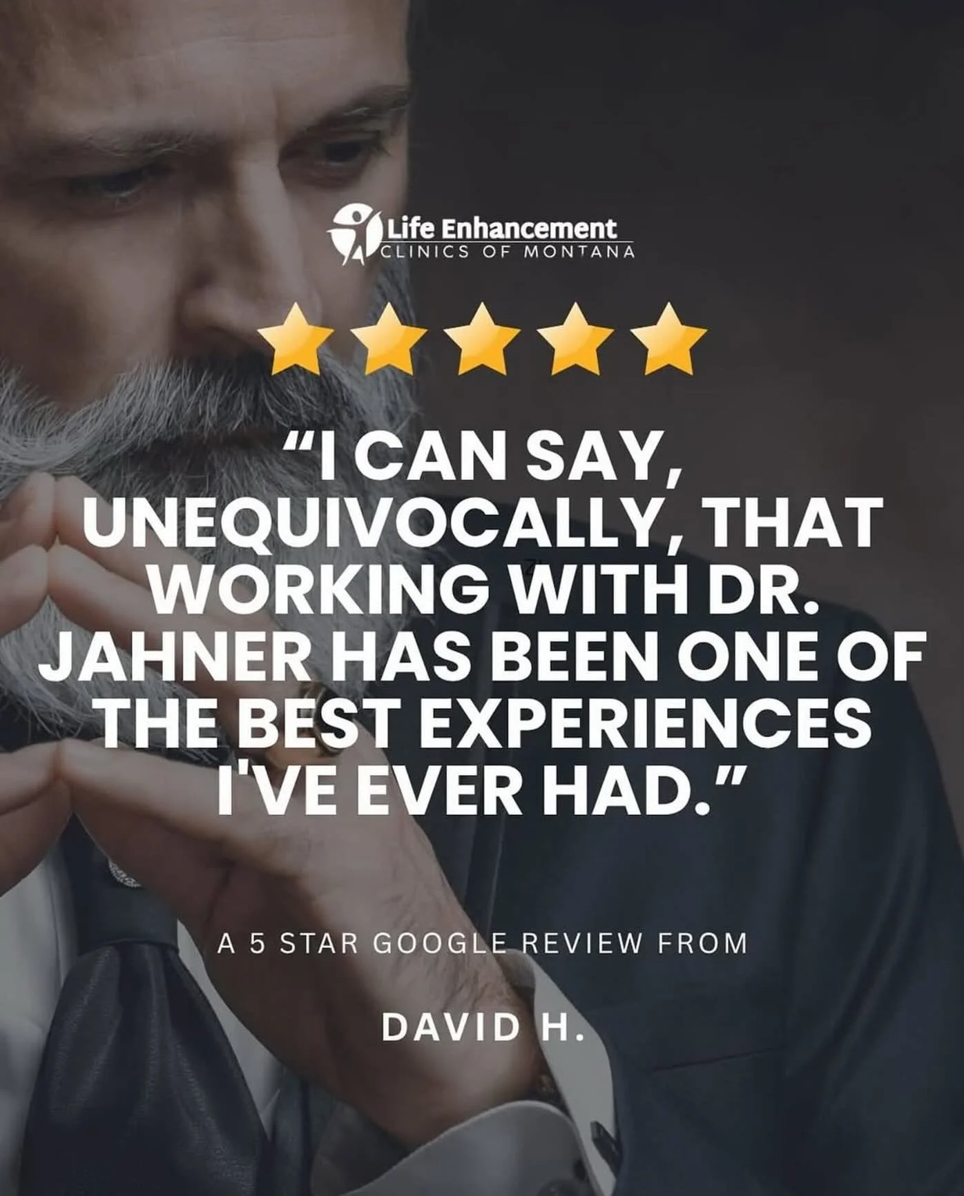 &ldquo;One of the best experiences I&rsquo;ve ever had.&rdquo;

That&rsquo;s what David H. had to say after working with Dr. Jahner and Dr. Lou on a personalized care plan combining stem cell therapy, PRP, chiropractic, supplements, and at-home movem