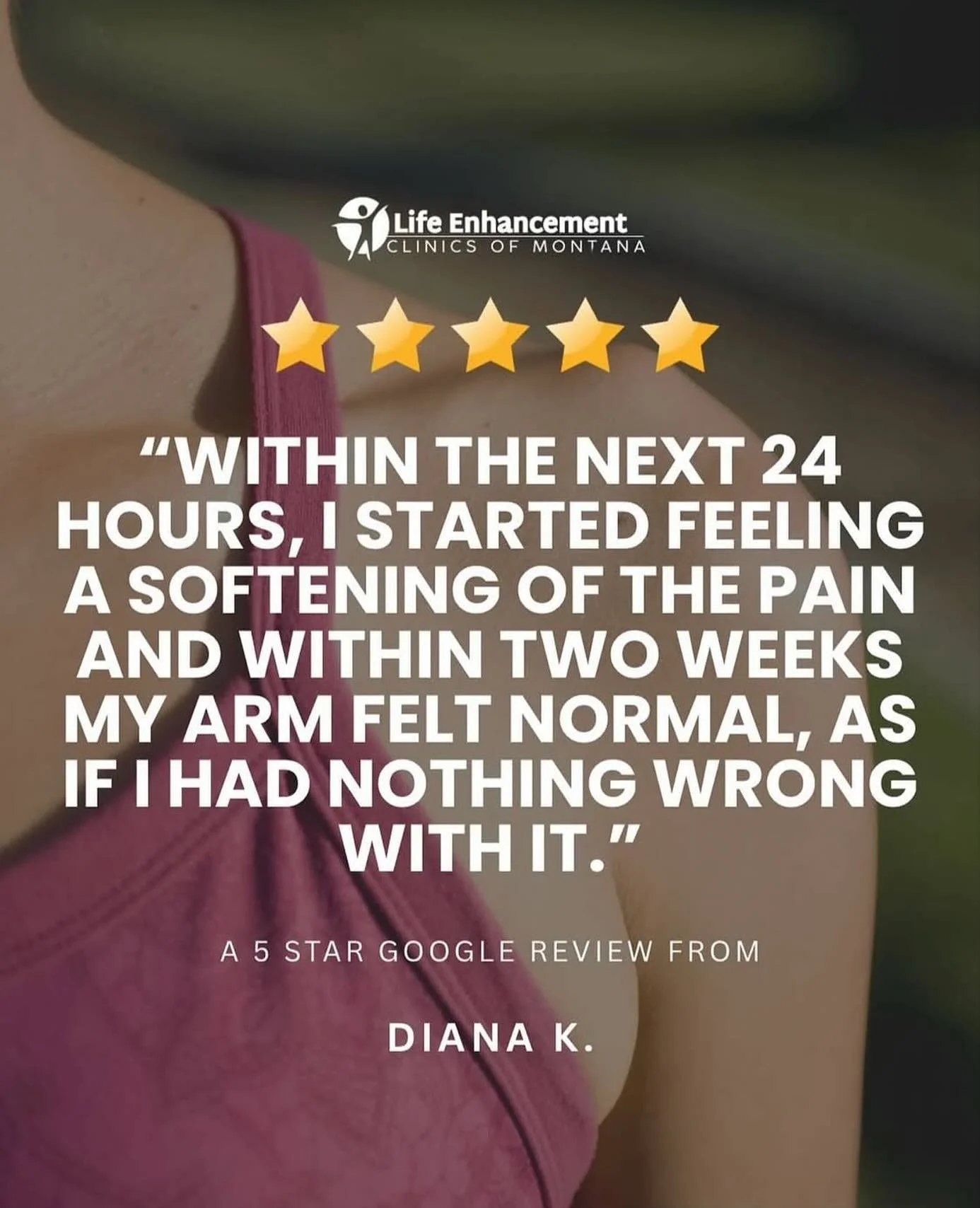 &ldquo;Better than surgery...&rdquo; 💬

Diana&rsquo;s journey to relief started with a single shot &mdash; and within 24 hours, she felt the difference. After two weeks, her shoulder felt completely normal again.

At Life Enhancement Clinics of Mont