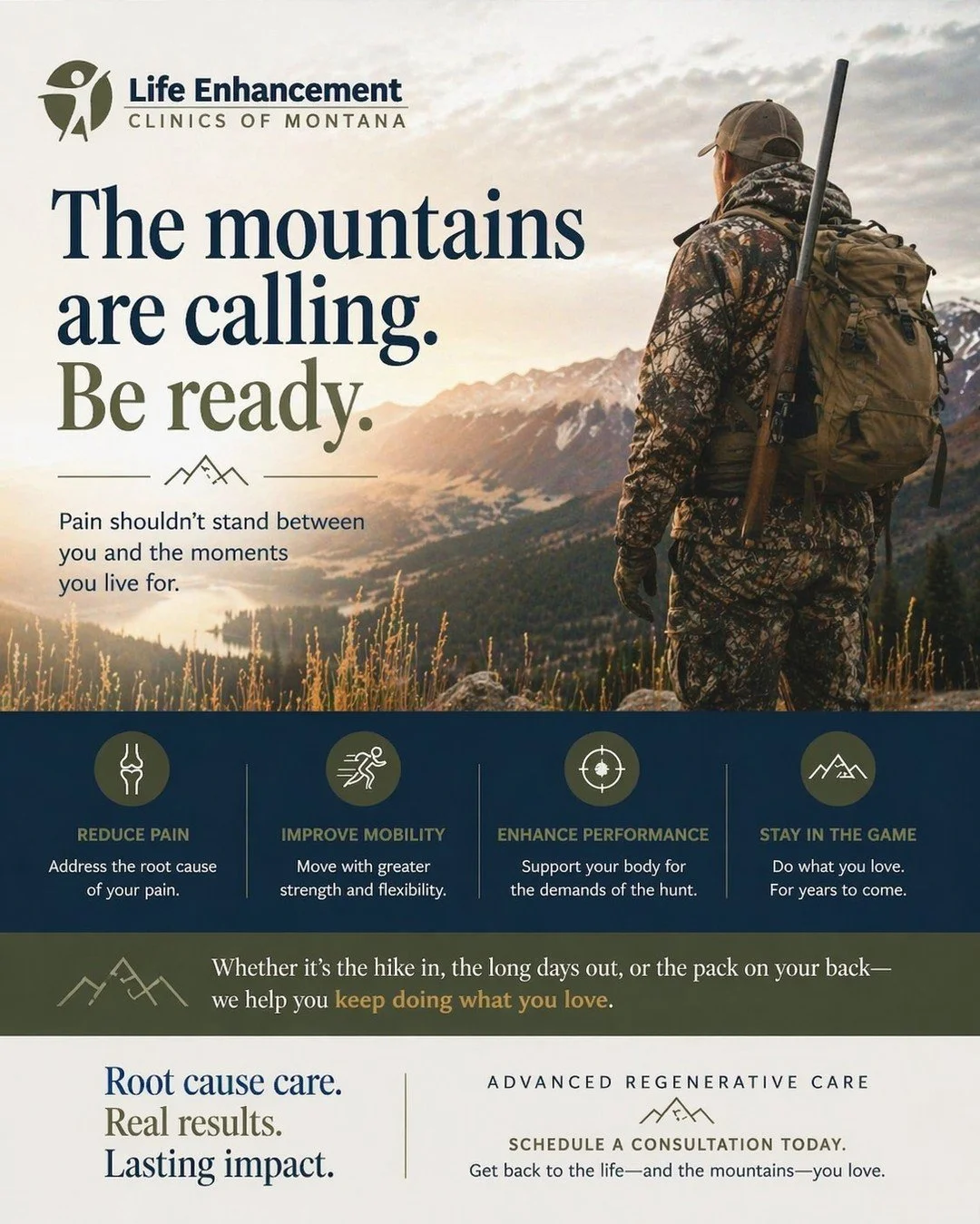 The hunt starts long before opening day. It takes strength, endurance, mobility, and a body you can trust when the moment comes. Knee pain, shoulder issues, back discomfort, or limited movement should not be what keeps you off the mountain. At Life E