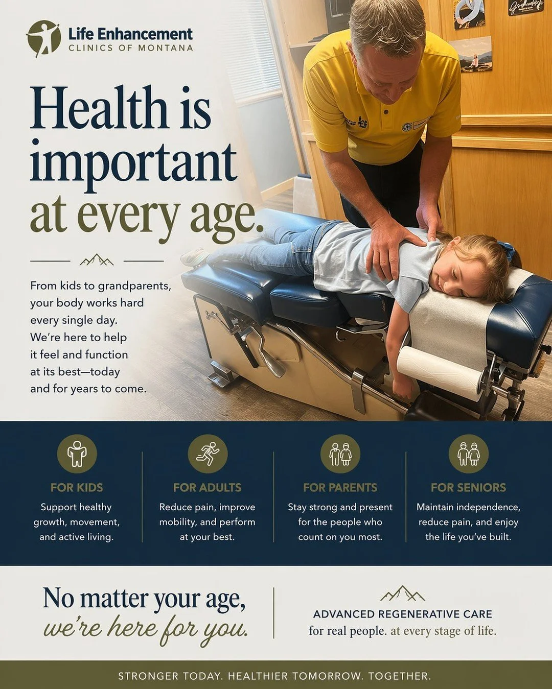 Health matters at every stage of life. From kids who are growing and developing, to busy parents carrying the weight of family life, to grandparents who want to stay active and independent&mdash;your body deserves care that helps it function at its b