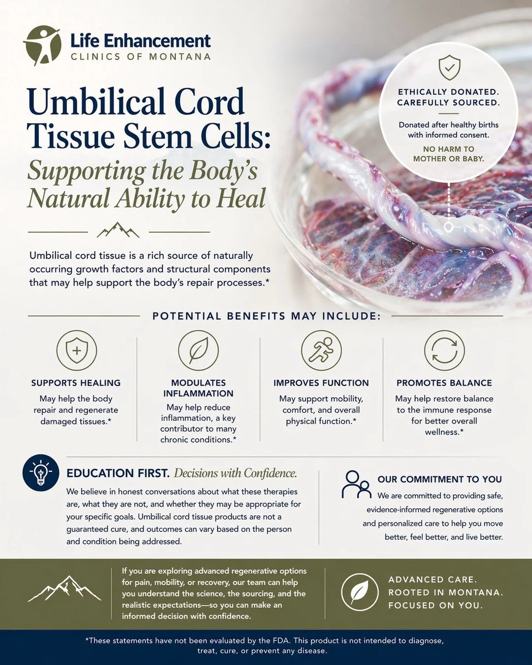 Umbilical cord tissue is one of the most talked-about areas in regenerative medicine because it contains naturally occurring growth factors and structural components that may help support the body&rsquo;s repair processes. Responsibly sourced tissue 