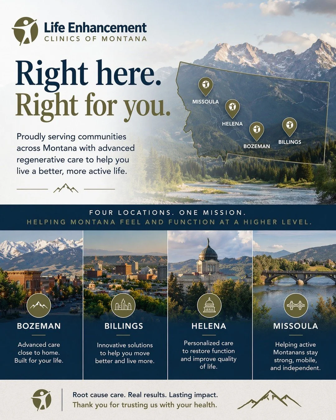Serving Montana means showing up where people live, work, and build their lives. Life Enhancement Clinics of Montana is proud to help patients across the state pursue less pain, better movement, renewed energy, and a higher quality of life. You can f