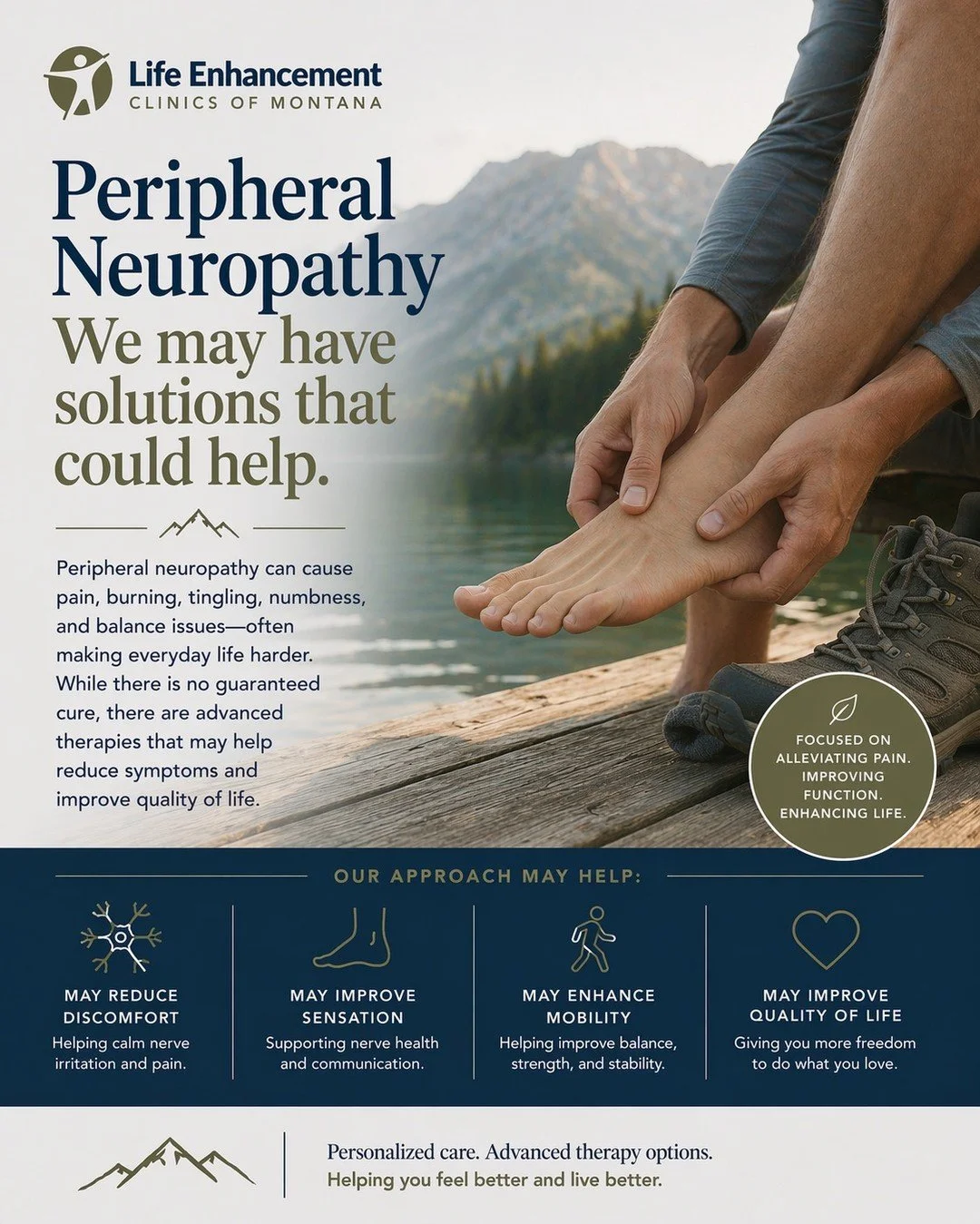 Peripheral neuropathy can make everyday life frustrating. Burning, tingling, numbness, sensitivity, balance issues, and ongoing foot or leg discomfort can affect how you walk, sleep, and enjoy normal routines. Many people feel like they simply have t