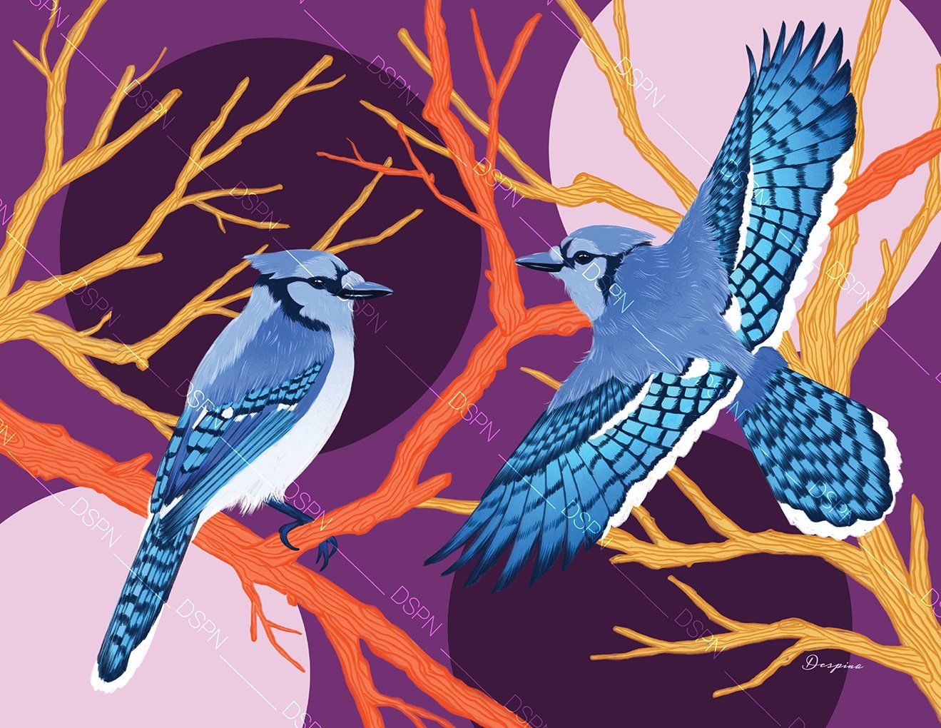 Illustration of two blue and white birds perched on orange branches against a purple background with black and pink circles.