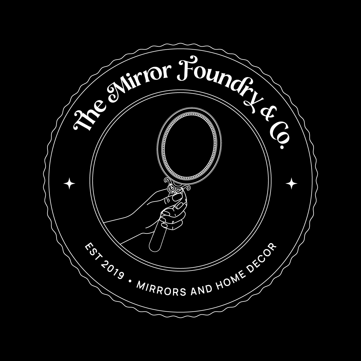 A circular logo for The Mirror Foundry & Co., a home decor business established in 2019. The logo features a hand holding a small mirror, surrounded by the business name, establishment year, and description 'Mirrors and Home Decor' against a black background with white outline design.