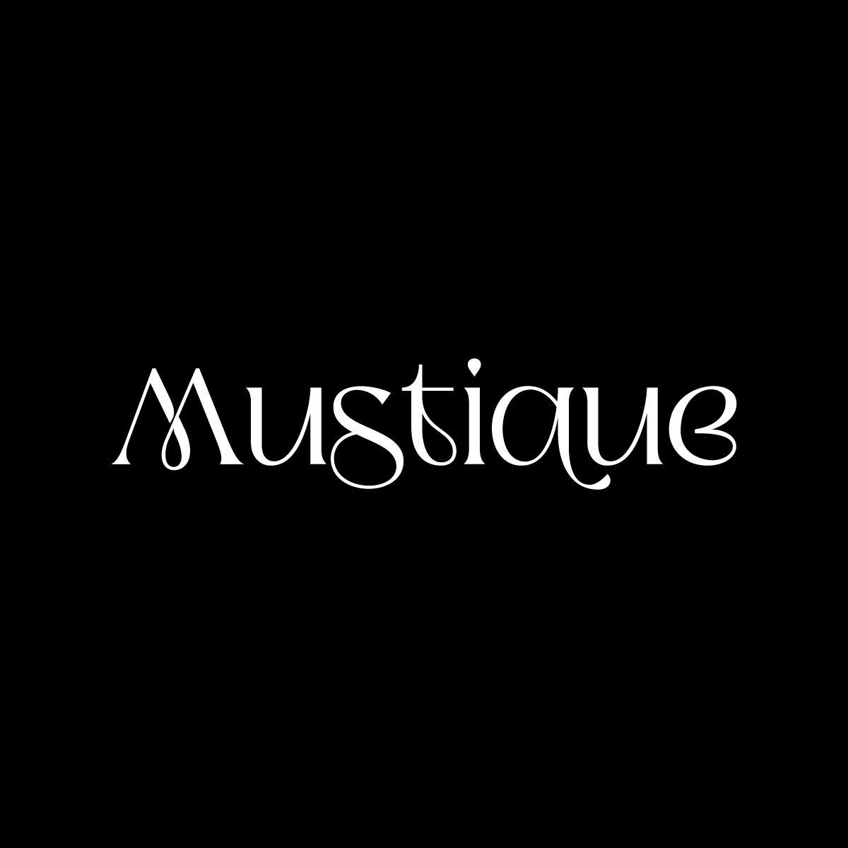 Stylized black and white text design with the word 'Mustique' in a decorative font.