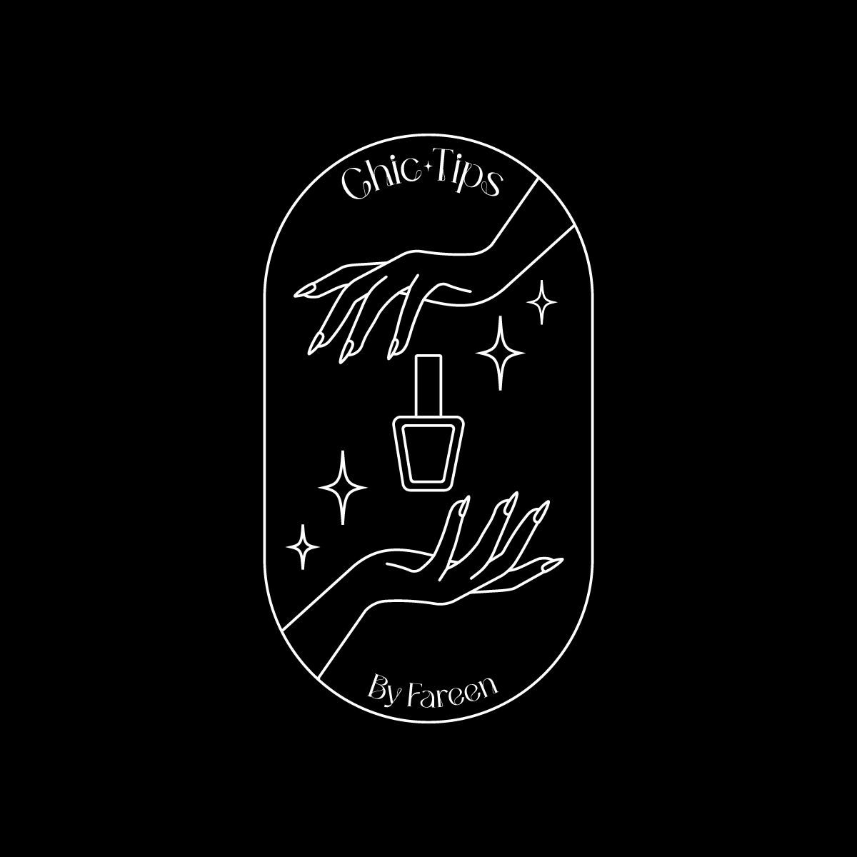 Line art logo with two hands, one above and one below, holding a nail polish bottle, surrounded by stars. Text reads "Chic Tips" at the top.