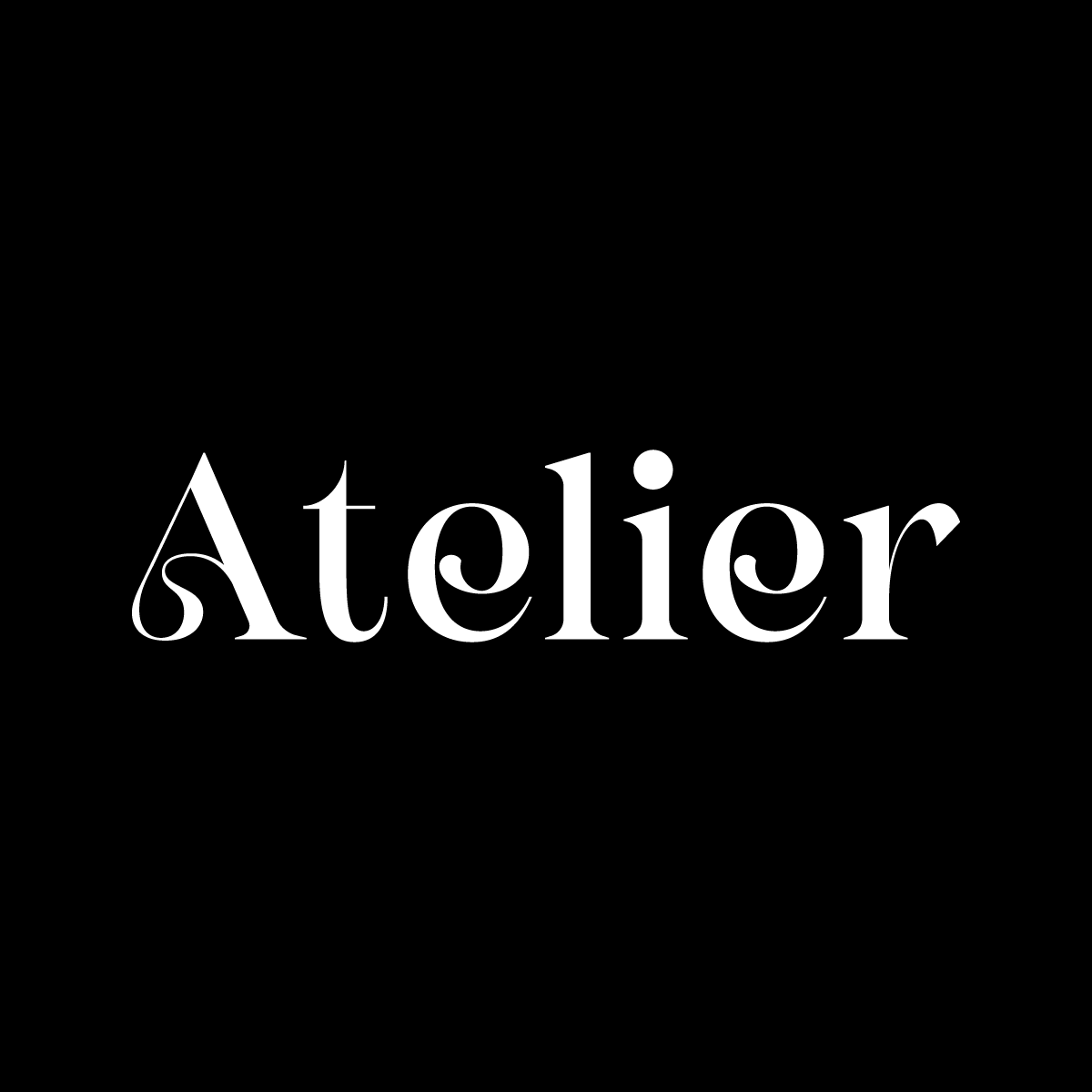 Black and white logo for Atelier with stylized font and artistic design elements