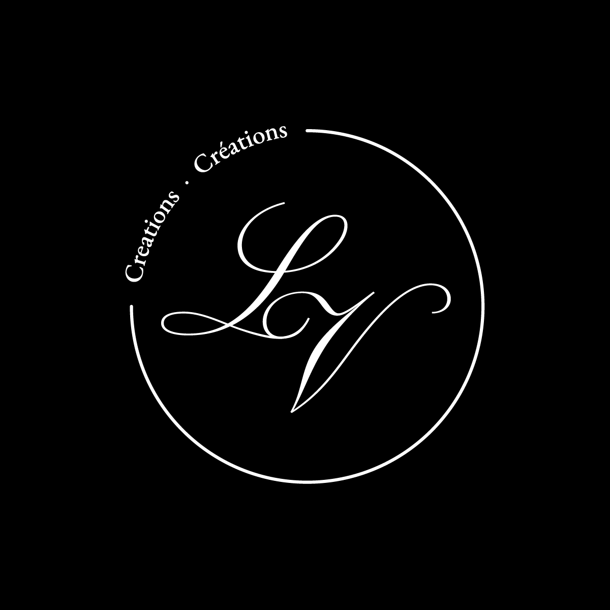 Black and white logo with the stylized initials L and V in the center, surrounded by a circular border that says 'Créations' and 'Creations' with dots separating the words.