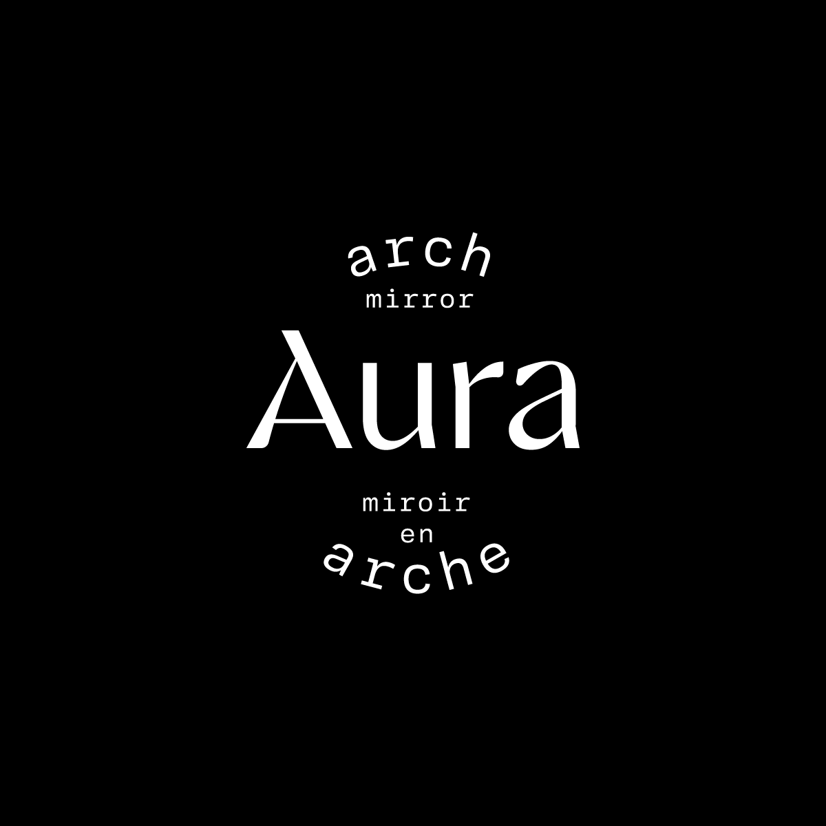 A logo with the word 'Aura' in large white letters in the center, surrounded by the words 'arch', 'mirror', 'en', and 'arche' in smaller text arranged around it in a circular pattern.