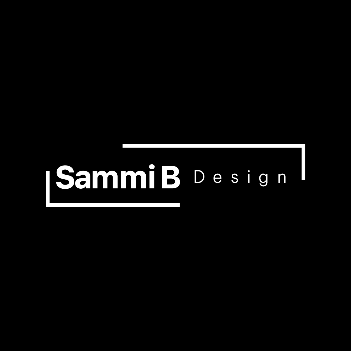 Black background with white text that says "Sammi B Design" in bold and regular font styles, enclosed by a white rectangular outline.
