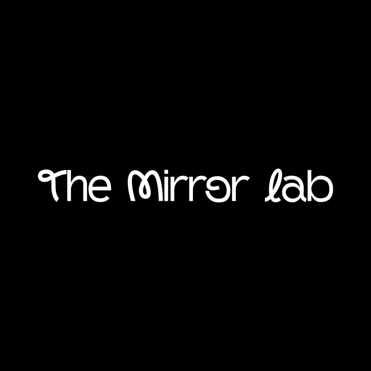 Logo for the Mirror Lab featuring a black background with a stylized white mirror image icon above the text 'The Mirror Lab' in white, playful font.