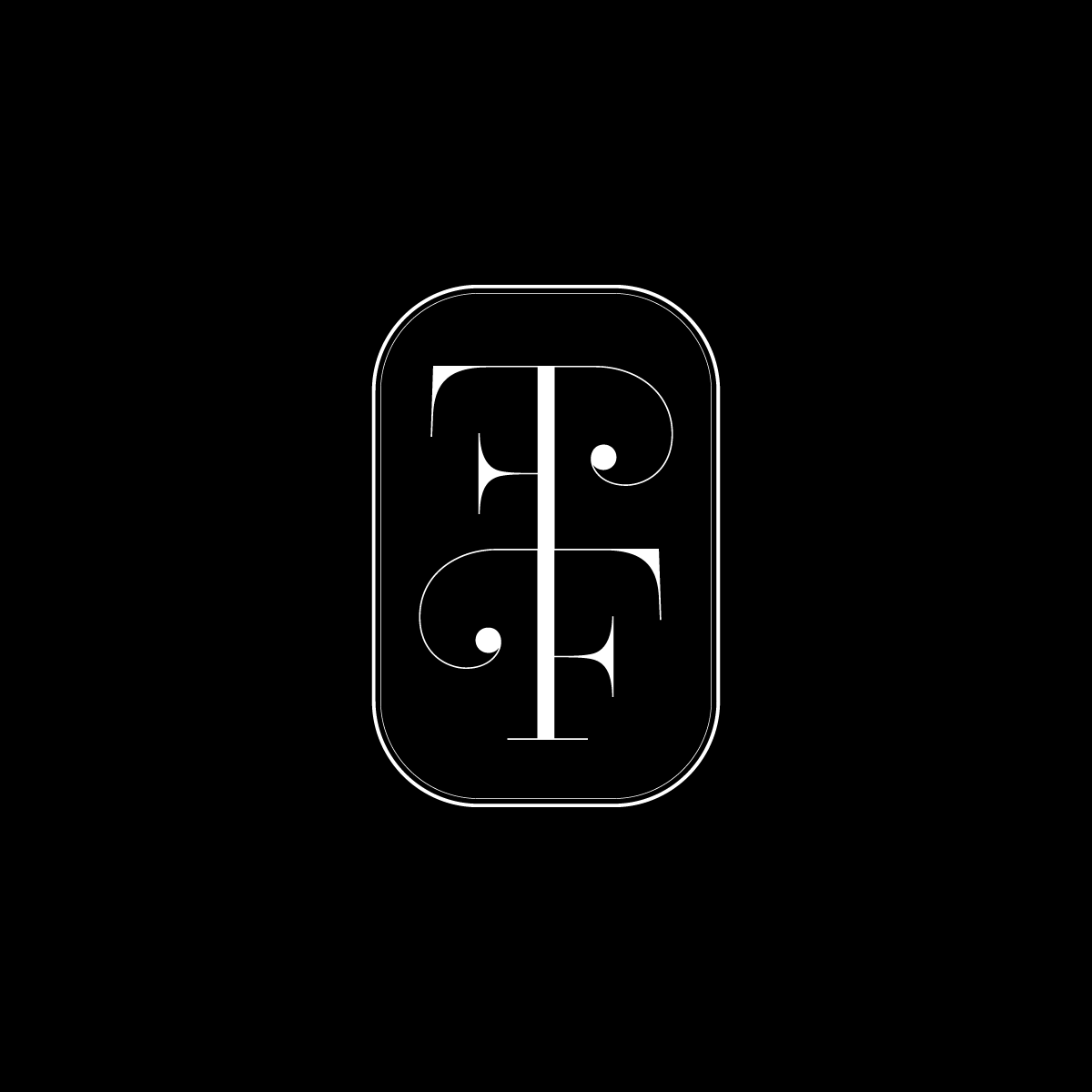 A black background with a white outlined oval shape in the center containing the letters FF in stylized, decorative font.