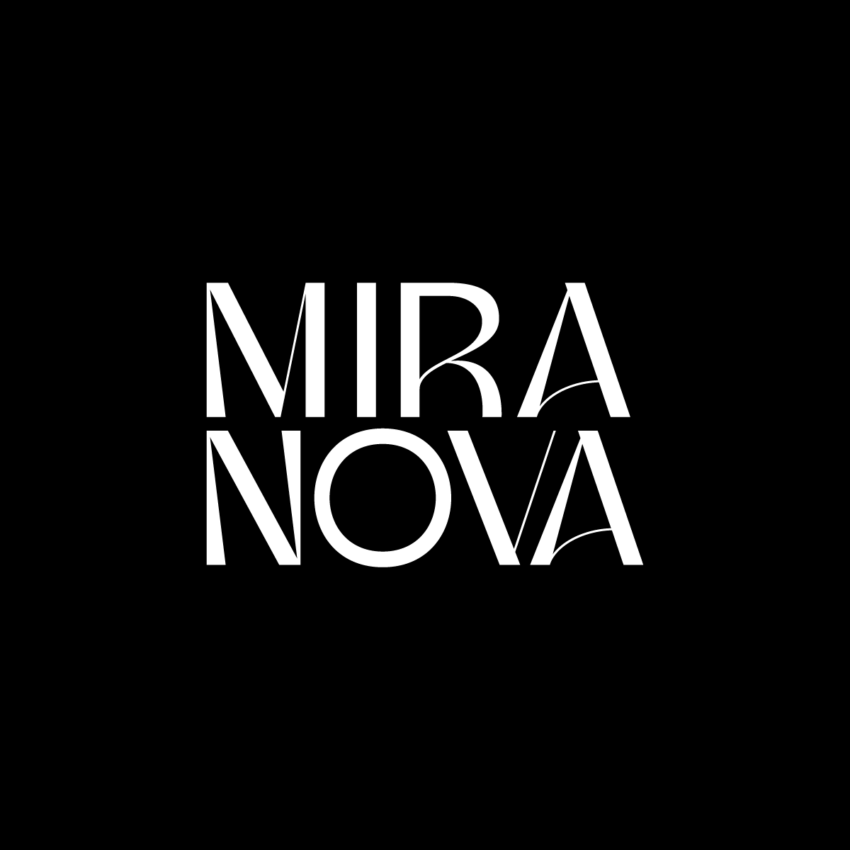 Black background with stylized white text that reads 'MIRA NOVA' in an artistic font.